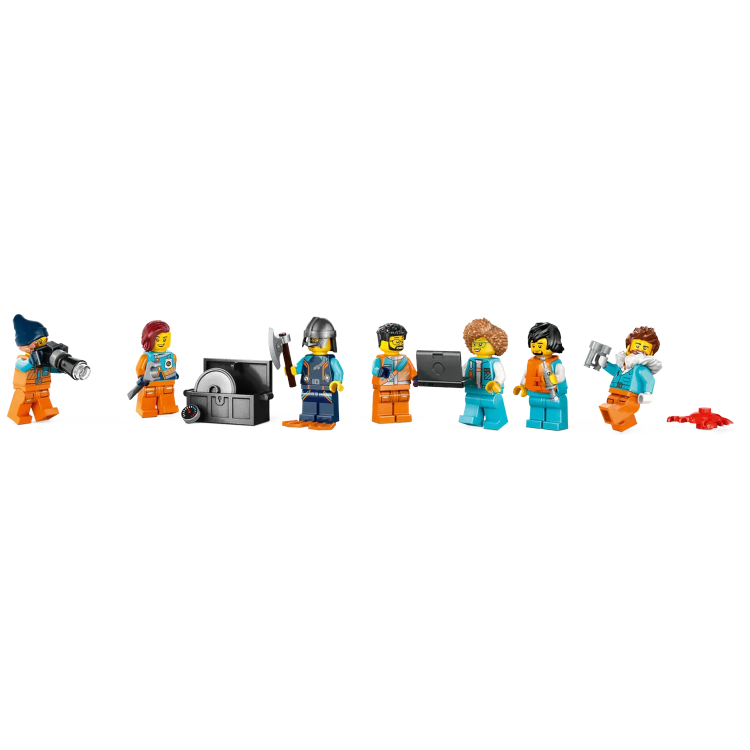 Seven Lego figures stand on a white surface. They are diverse in attire, including orange vests, blue jackets, and a knight's helmet.