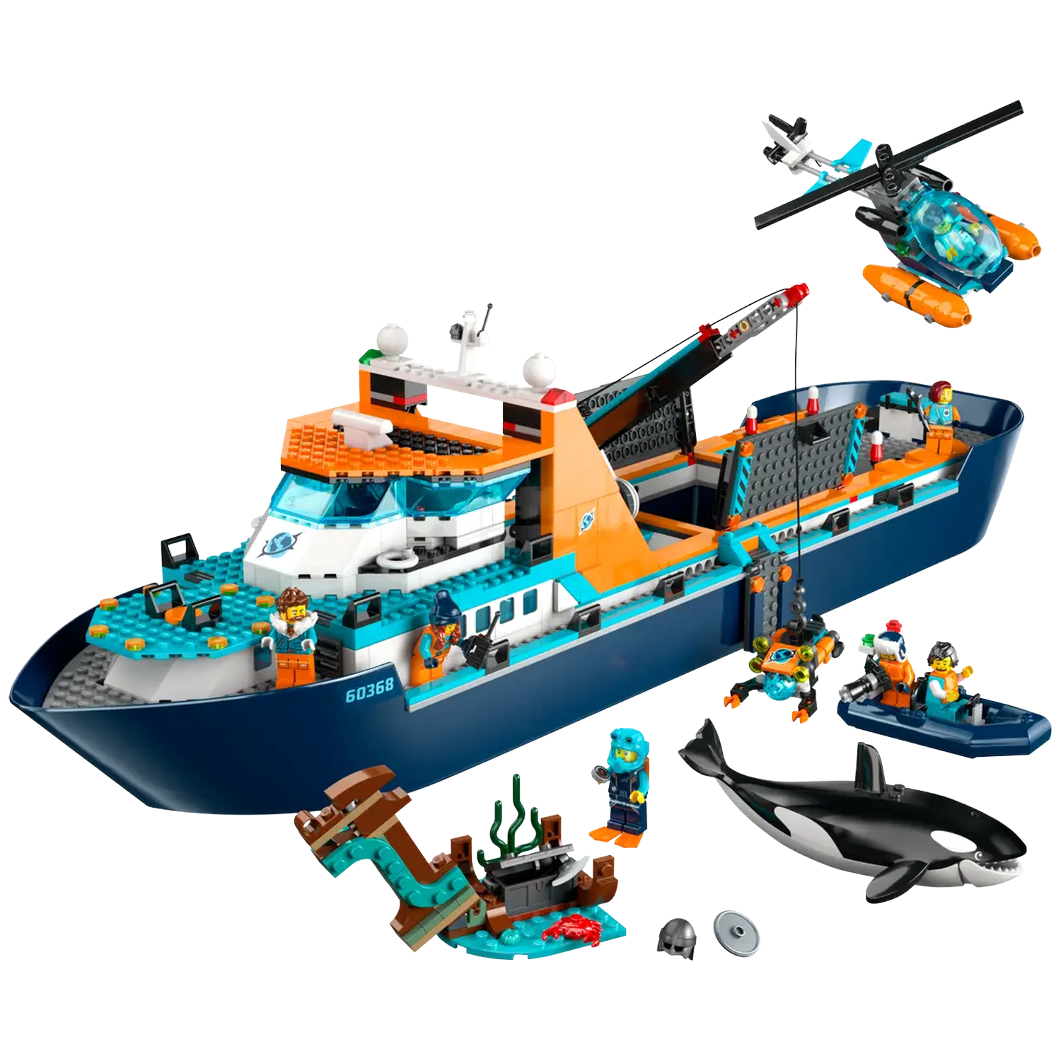 A Lego set featuring a blue and orange research ship, a helicopter, a whale, and various minifigures. The set is on a white background.