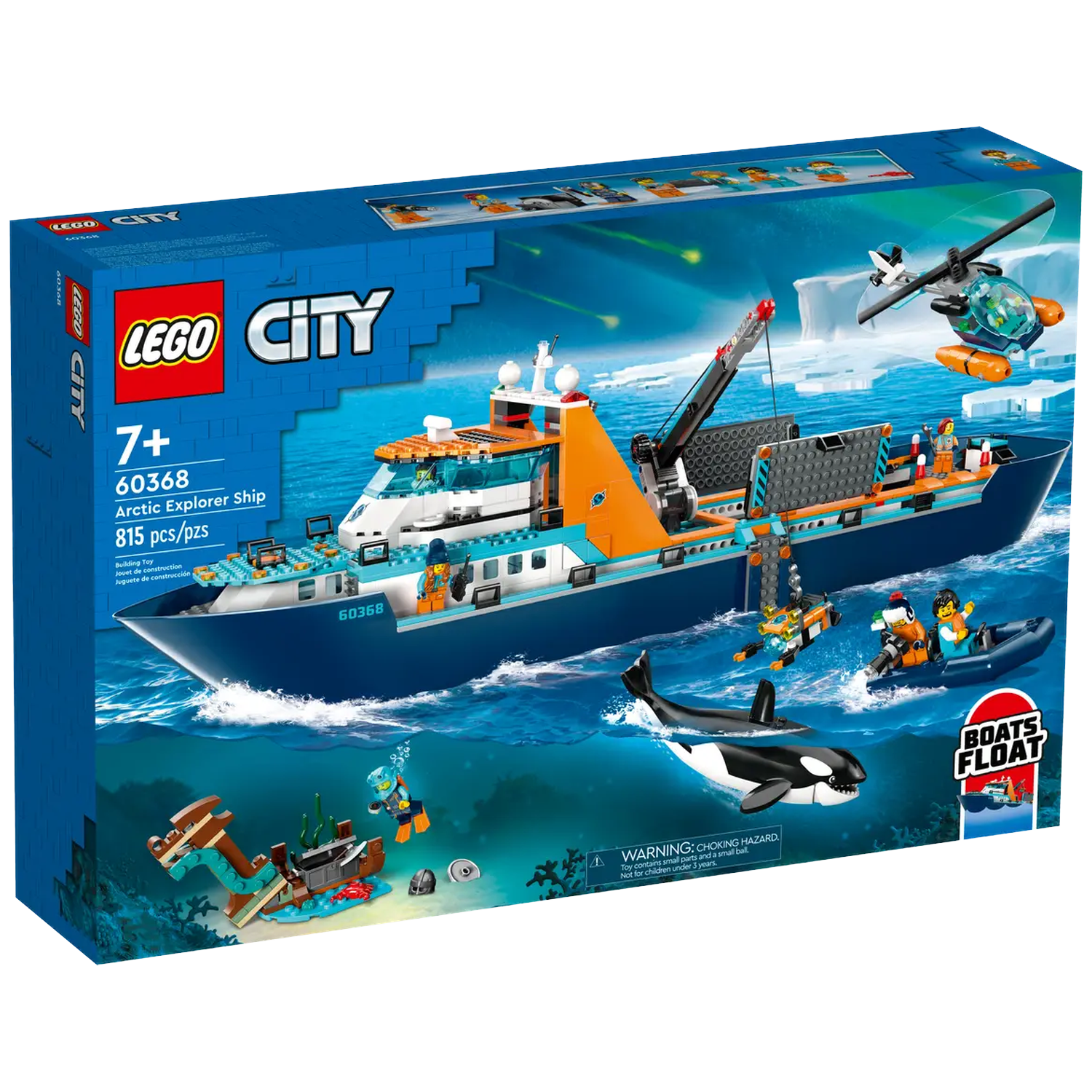 Lego City Arctic Explorer Ship box. The image shows a ship, helicopter, whale, and a small boat with Lego figures.