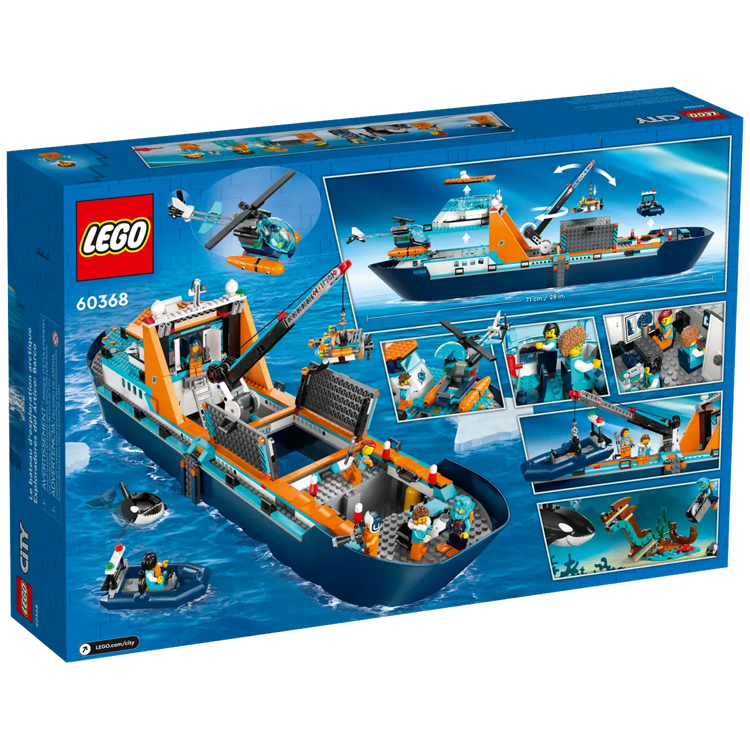 LEGO City Arctic Exploration Boat set. The box shows the boat, helicopter, orca, minifigures, and other arctic accessories.