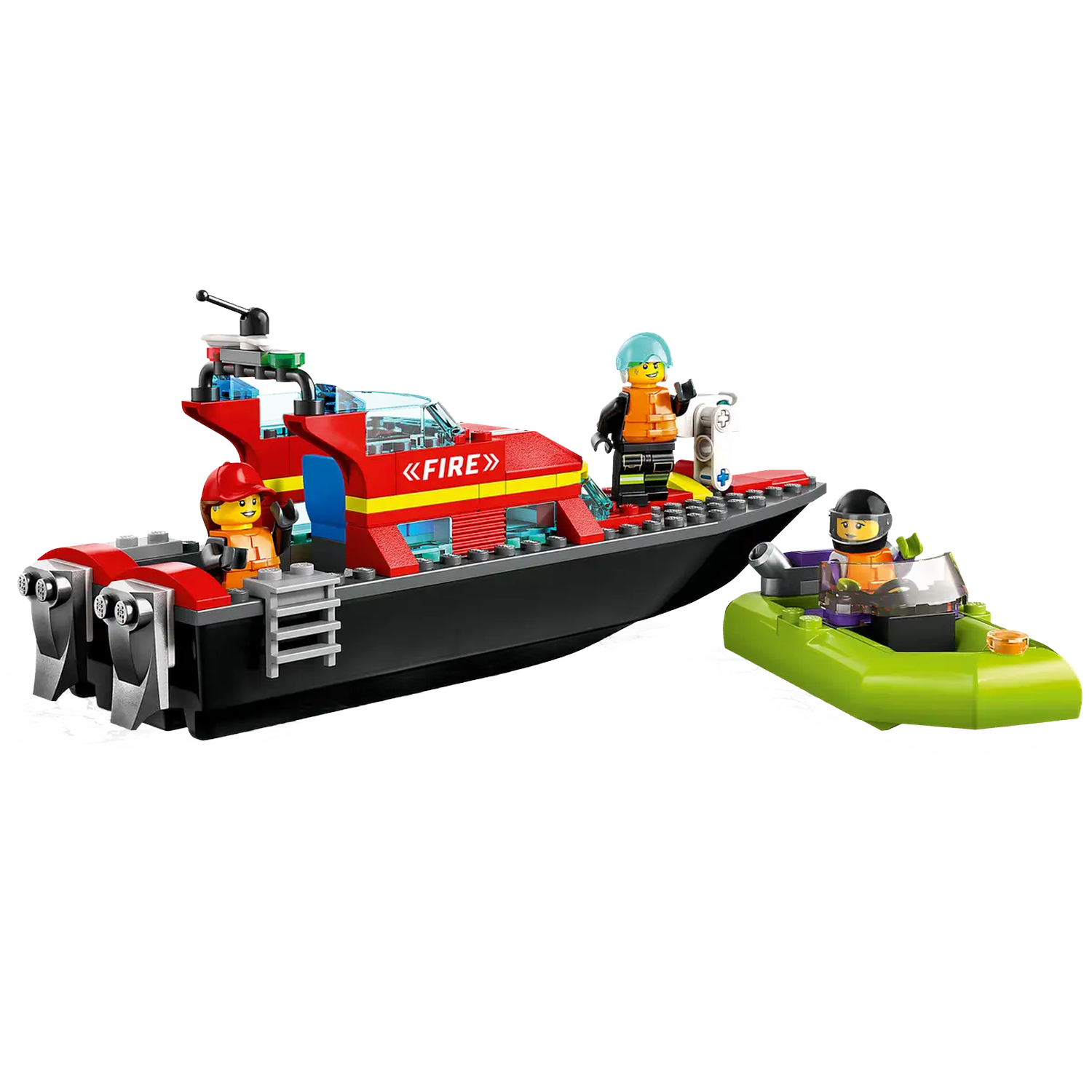 A Lego fire boat and a smaller boat are in the image. There are three Lego firemen on the boats.