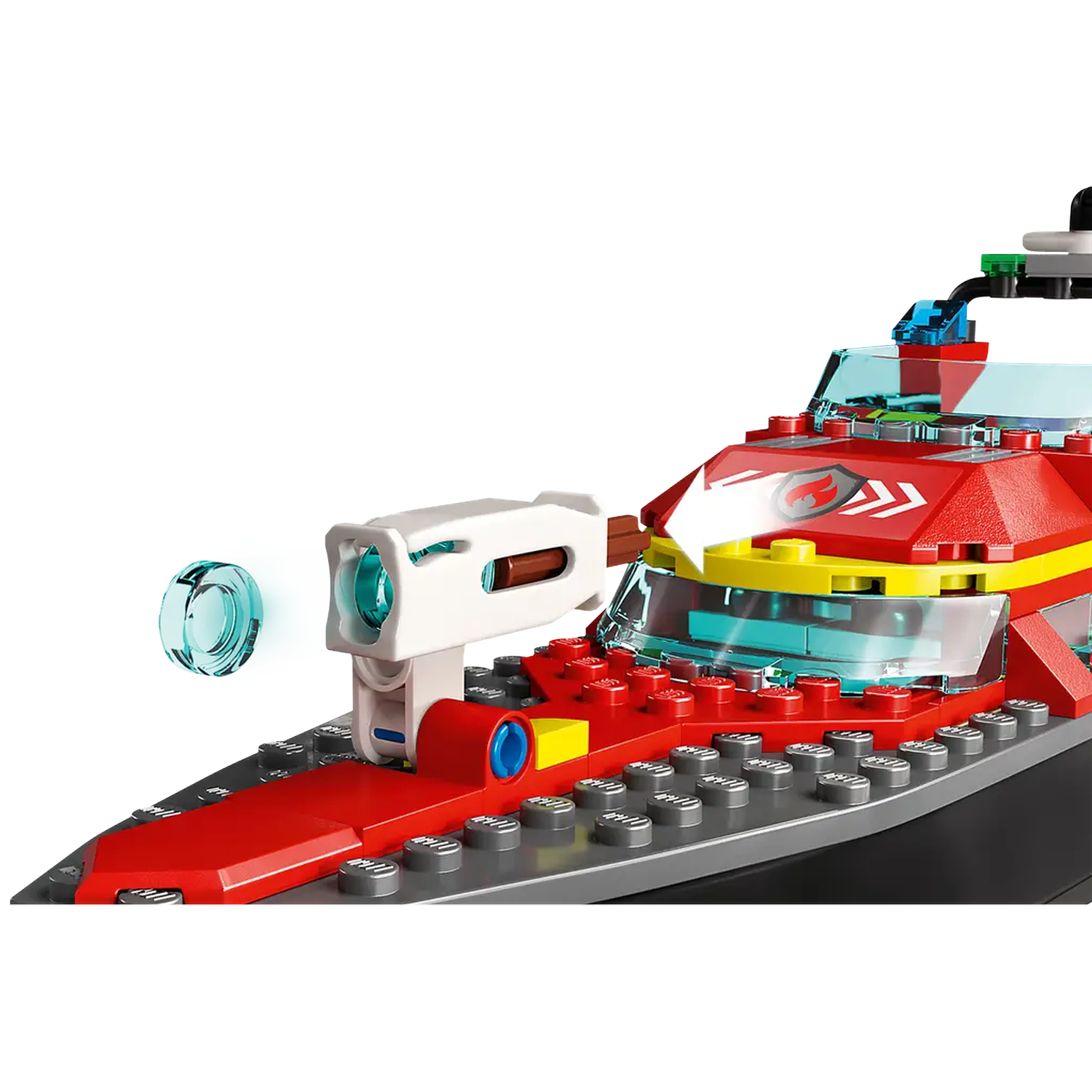 A Lego fireboat with a red hull, white water cannon, and a blue translucent disc. The boat has a clear windshield.