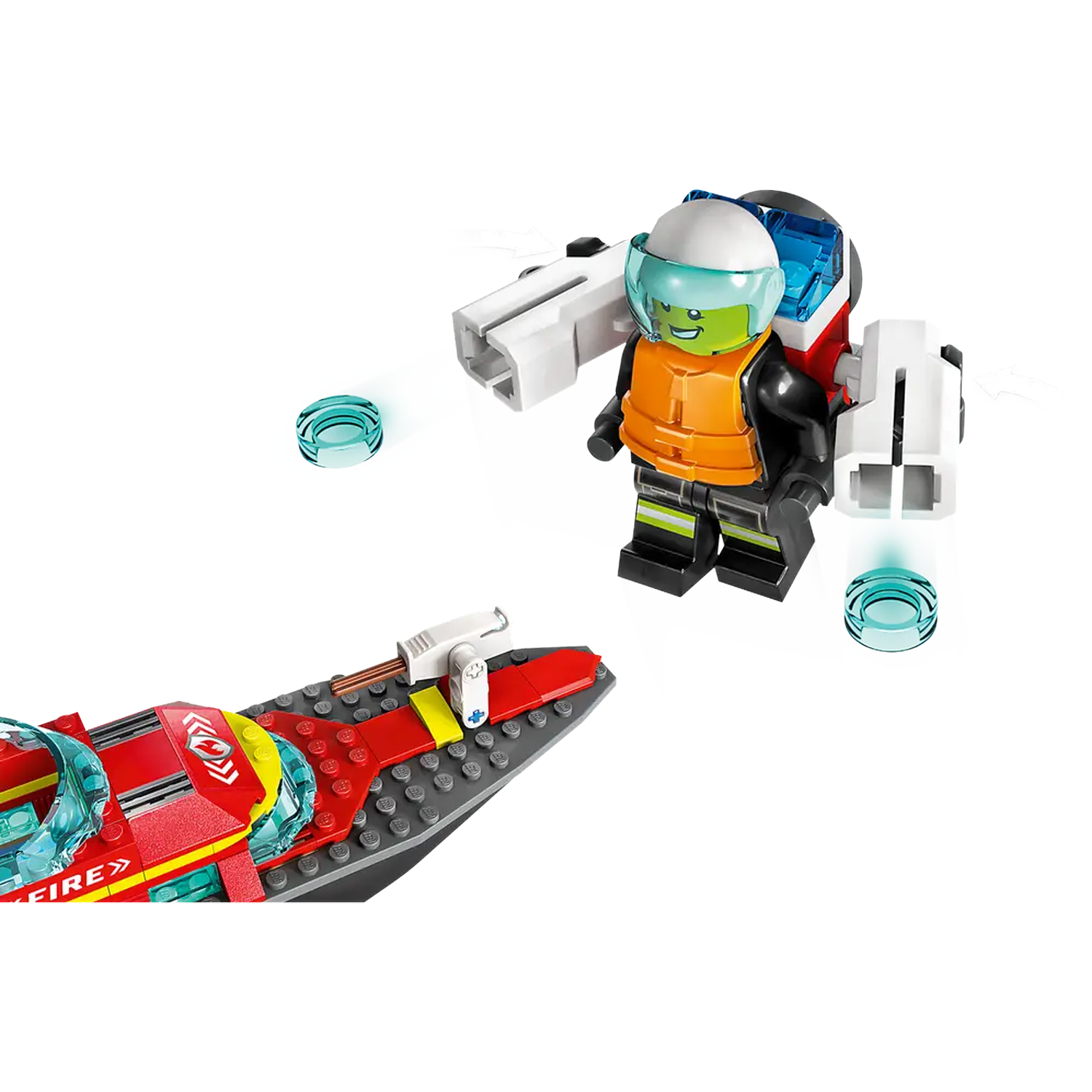 Lego firefighter with jetpack and boat. Firefighter wears orange vest and helmet. The boat is red and gray.