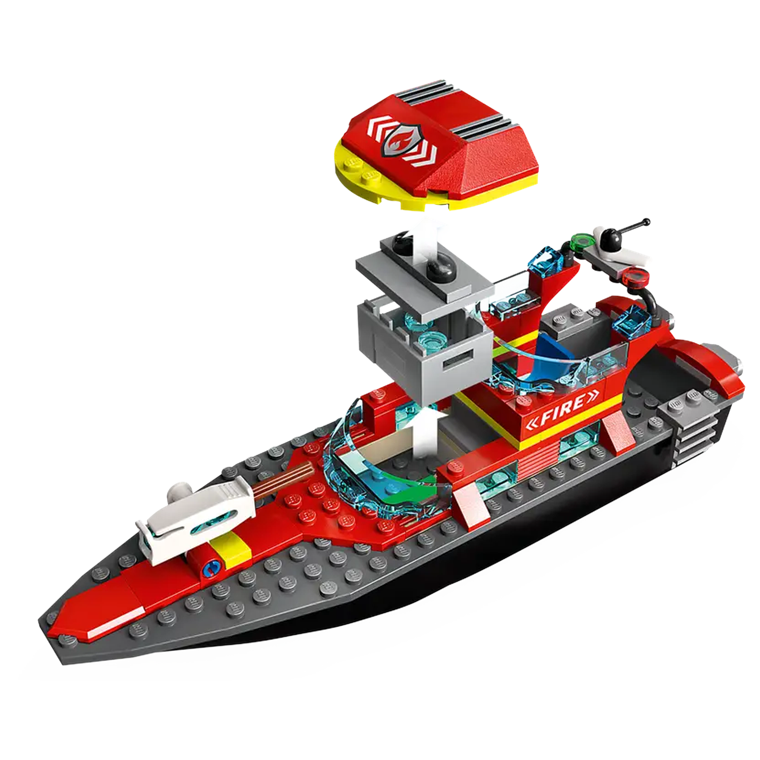 A Lego fire boat with a red and gray body. It has a cabin, a radar, and a detachable yellow and red top.