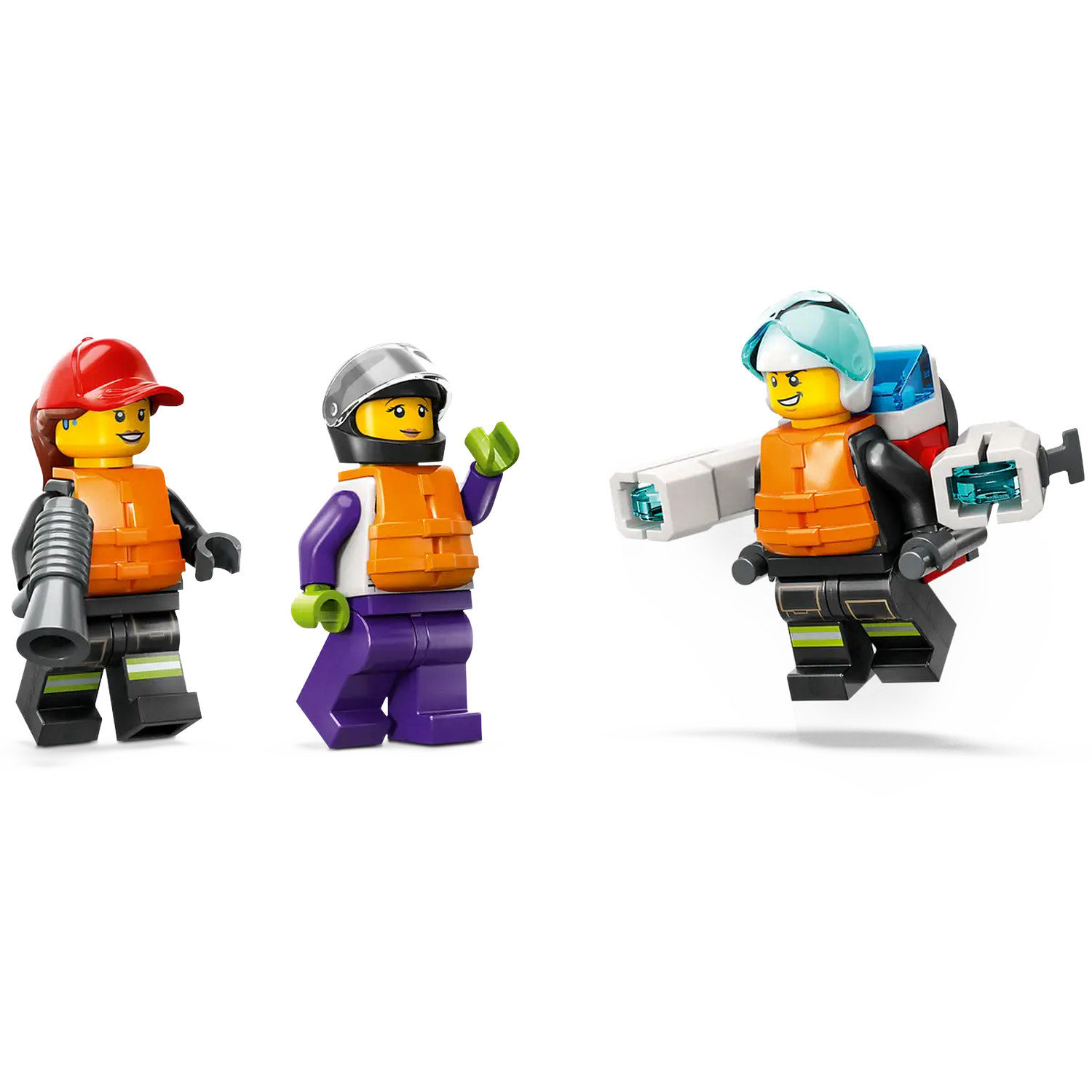 Three Lego figures: a firefighter with a hose, a person waving, and a figure with a jetpack. All are wearing safety vests.