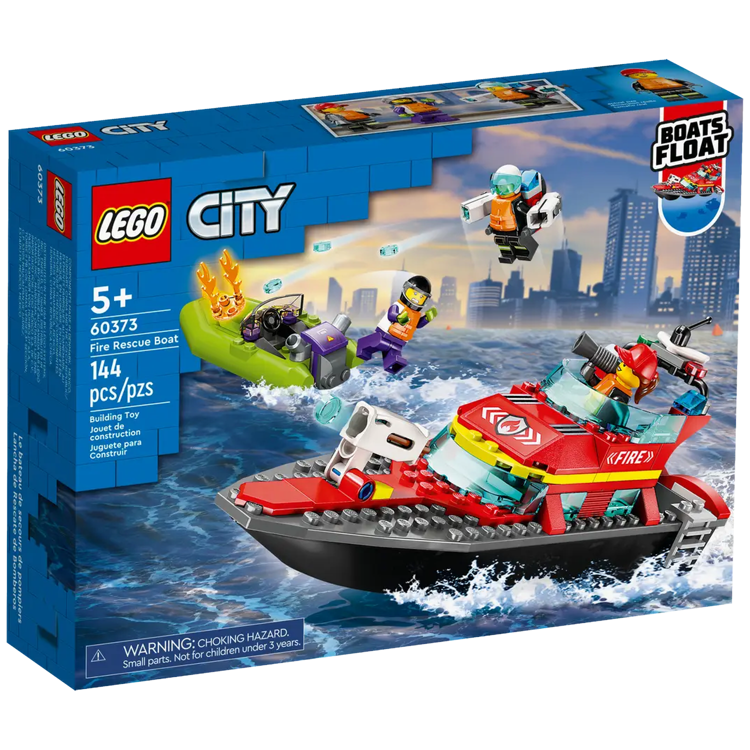 Lego City Fire Rescue Boat set. Features three Lego figures, two boats, and a city skyline background.