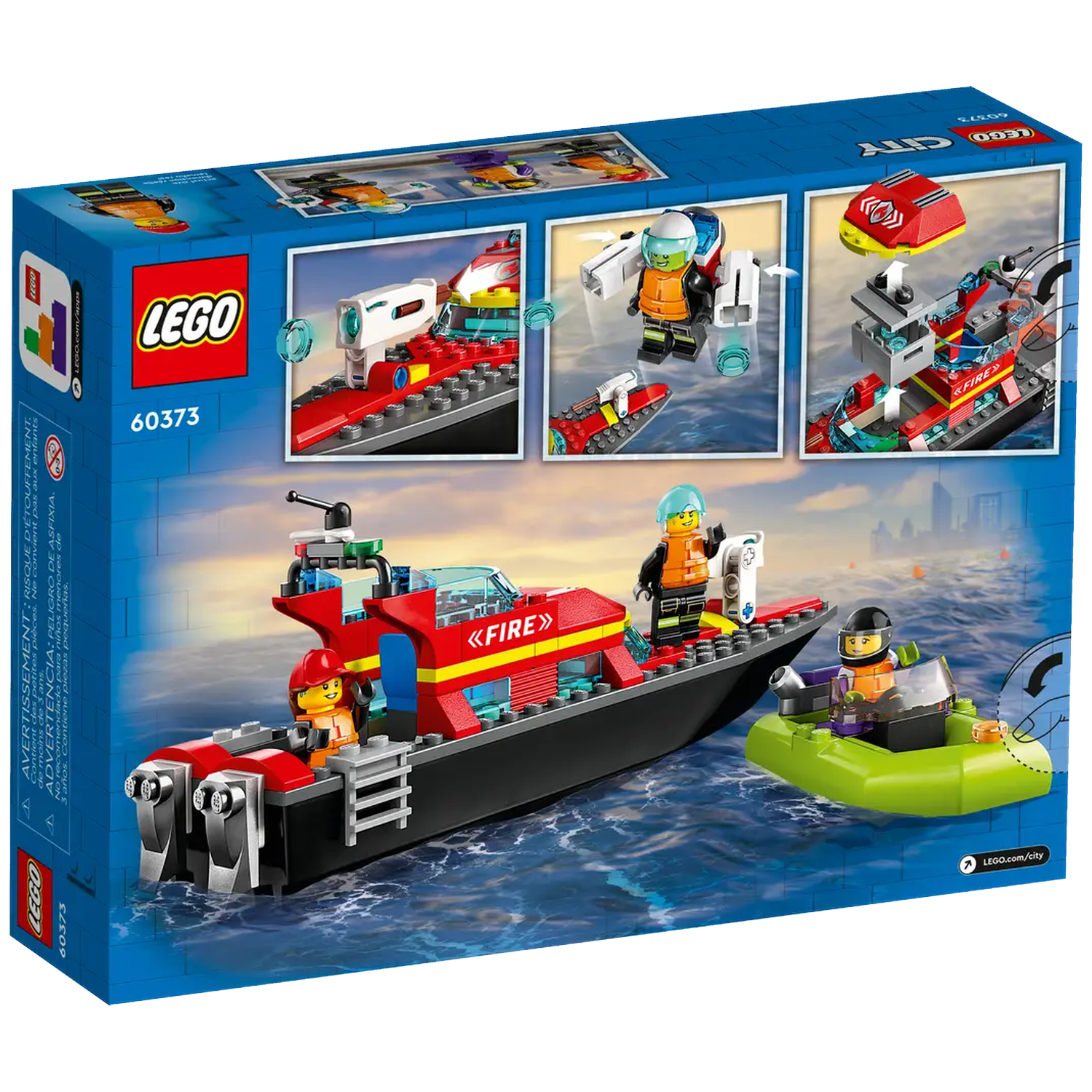 LEGO City fire rescue boat set. Main boat with fire logo, a small green boat, and figures. Illustrations of rescue actions are visible.