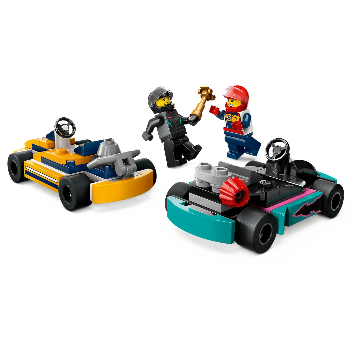 Lego set with three go-karts and two minifigures. One minifigure holds a gold hammer, the other has a red helmet. The karts are colorful.
