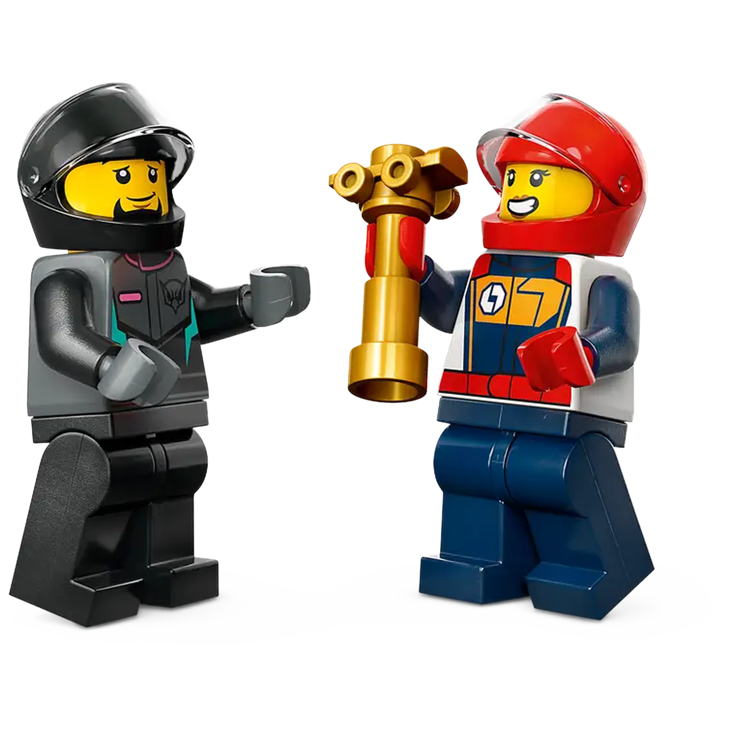 Two Lego figures. One wears a black helmet and jacket, the other a red helmet and holds a gold object.
