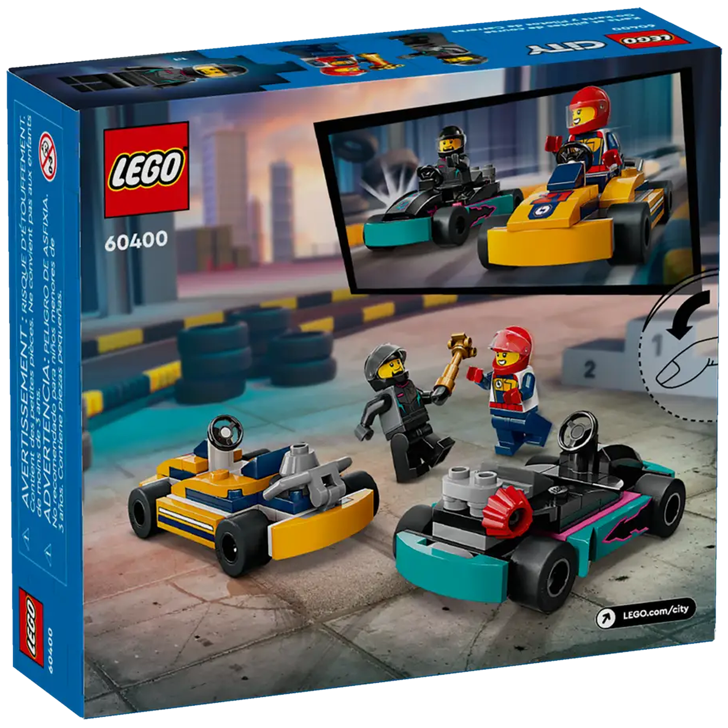 LEGO City set box. Features LEGO race cars and minifigures. Yellow, black, and teal cars are shown. The set number is 60400.