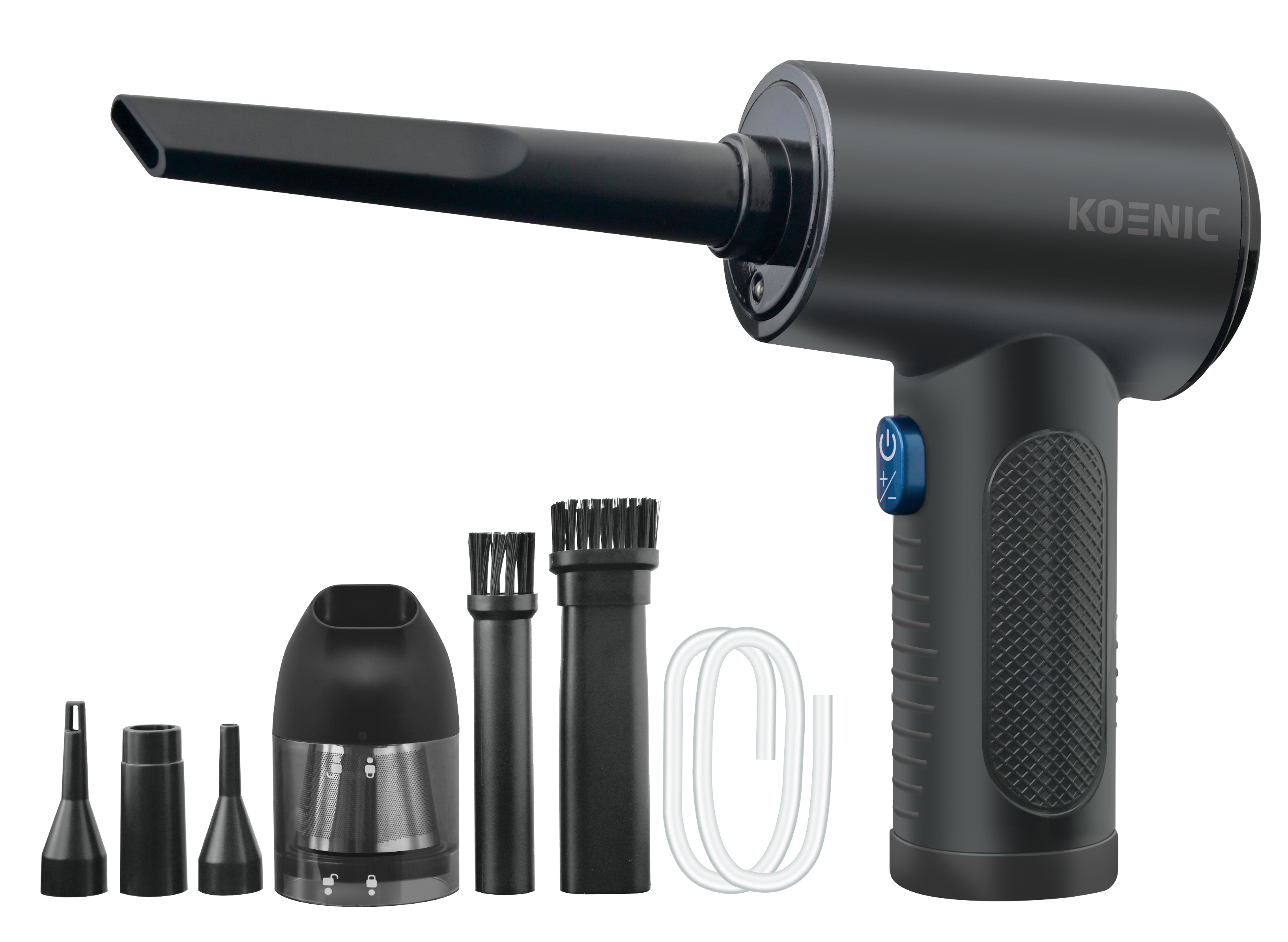 Czarny bezprzewodowy dmuchawa powietrza z nasadkami. Zawiera dysze, głowice szczotek i filtr. Widoczna jest nazwa marki 'KOENIC'.