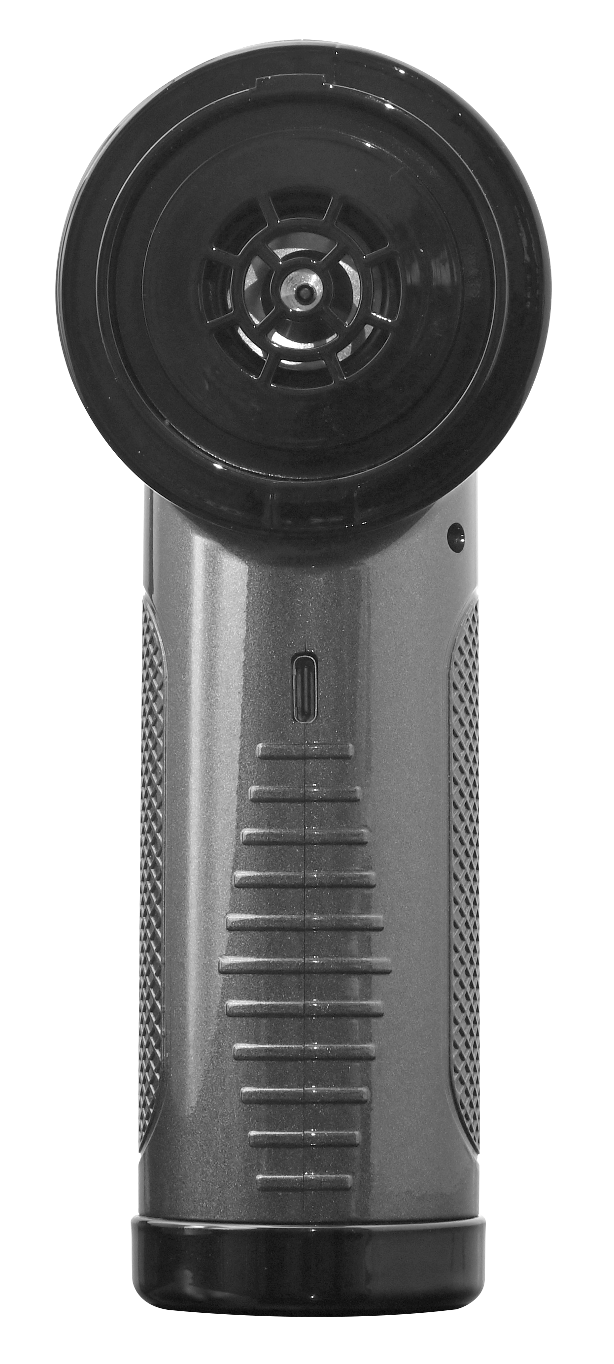 Czarne i szare urządzenie z okrągłą górą i cylindrycznym korpusem. Góra ma konstrukcję przypominającą wentylator. Tło jest czarne.