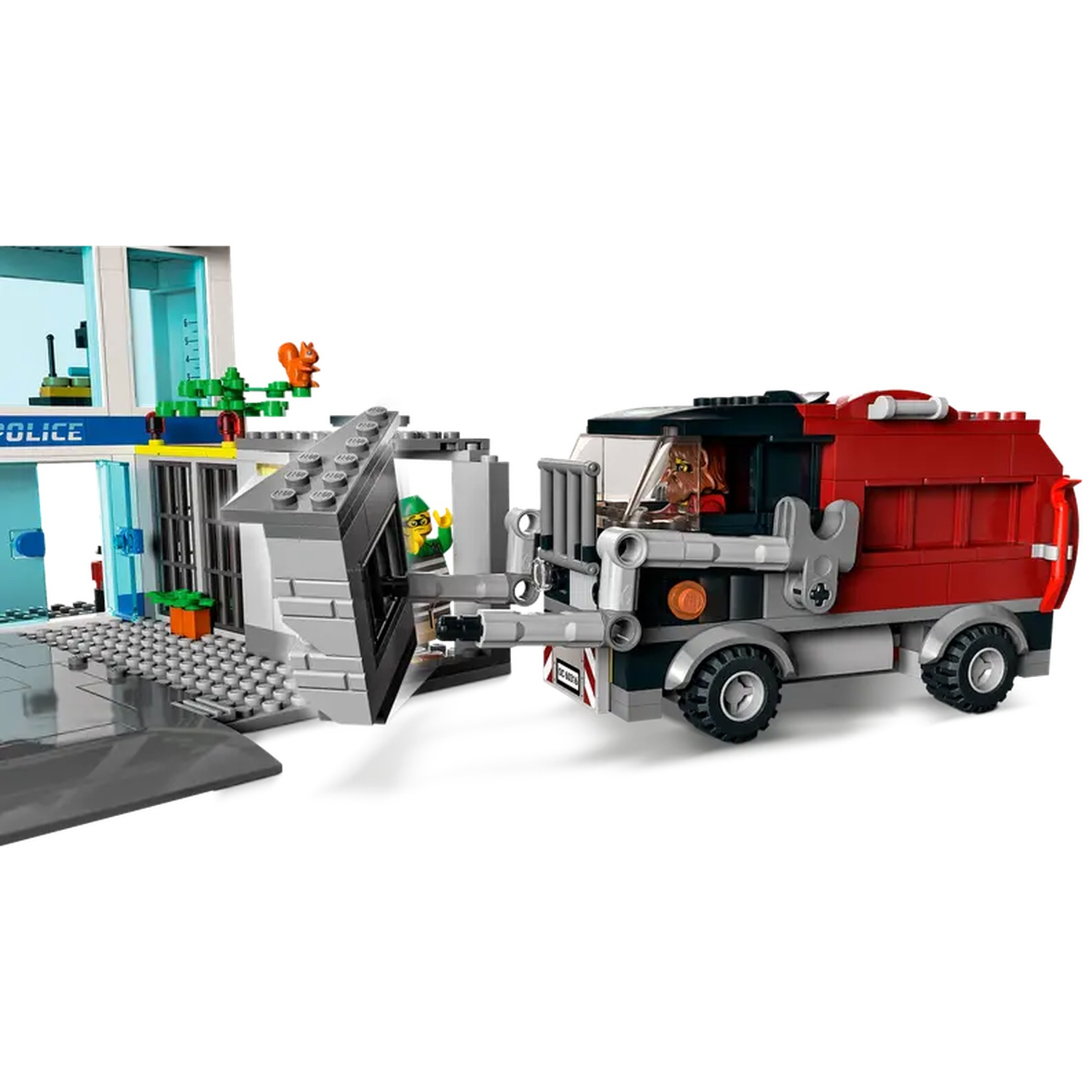 A Lego police station with a red truck. A Lego figure is driving the truck. Other Lego figures are in the scene.