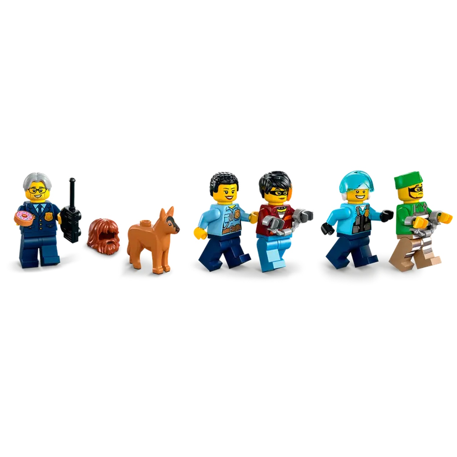 Lego set: a police officer with donut, a dog, and three figures with handcuffs. White background.