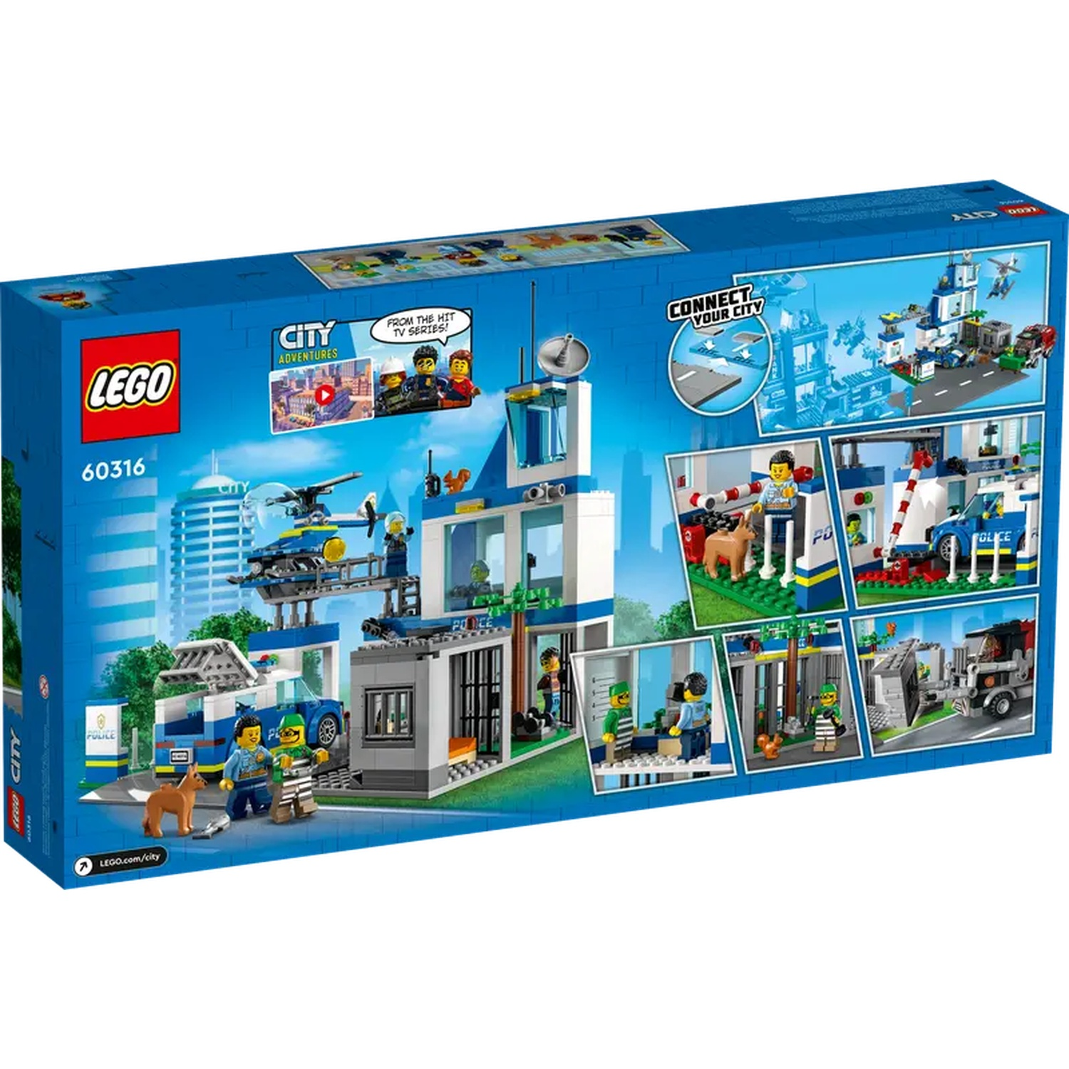 Lego City police station box art. Features Lego figures, police cars, helicopter, and a dog. The box is blue with the Lego logo.