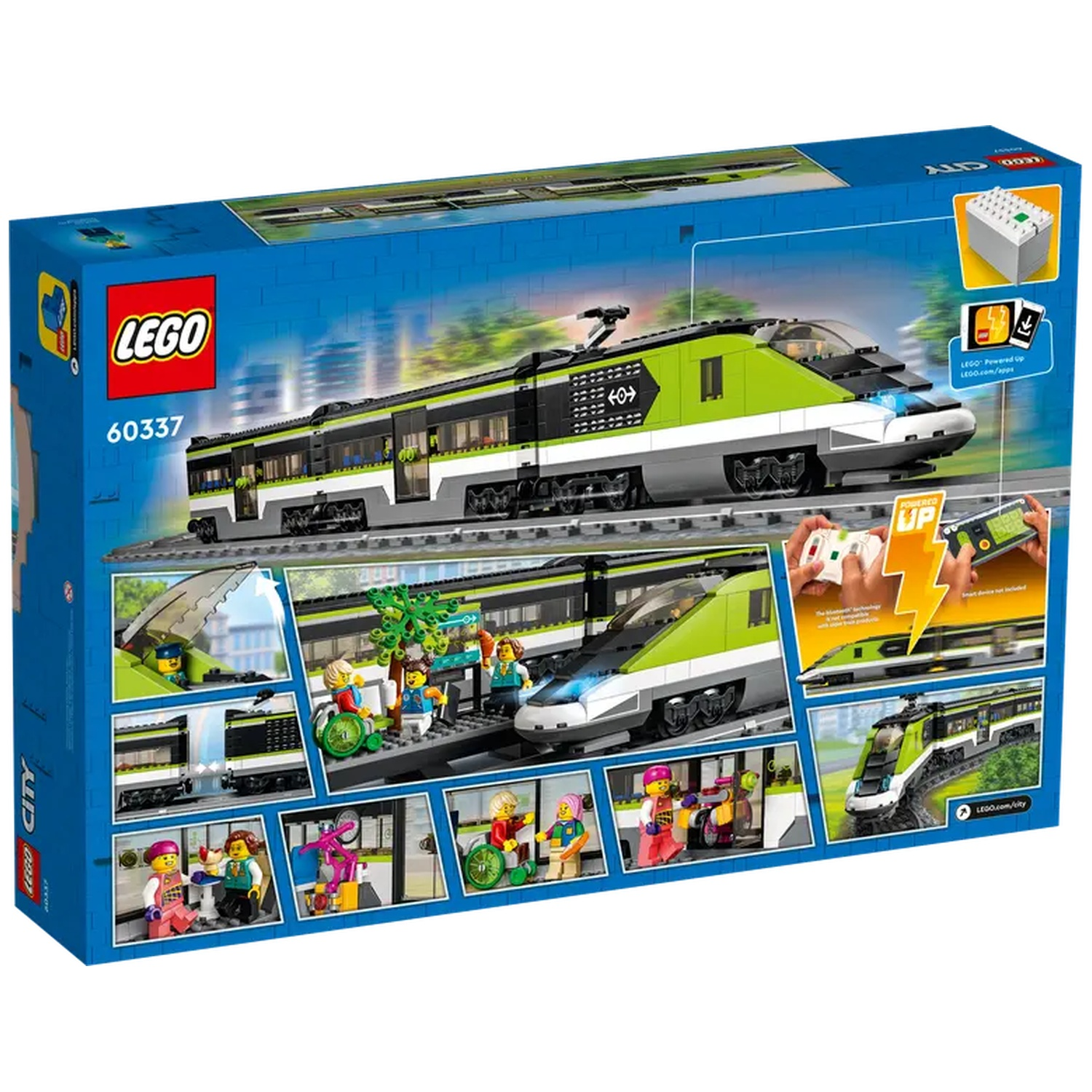 Lego City train set box. Green and black train on tracks, with figures and accessories. Lego logo and set number 60337.