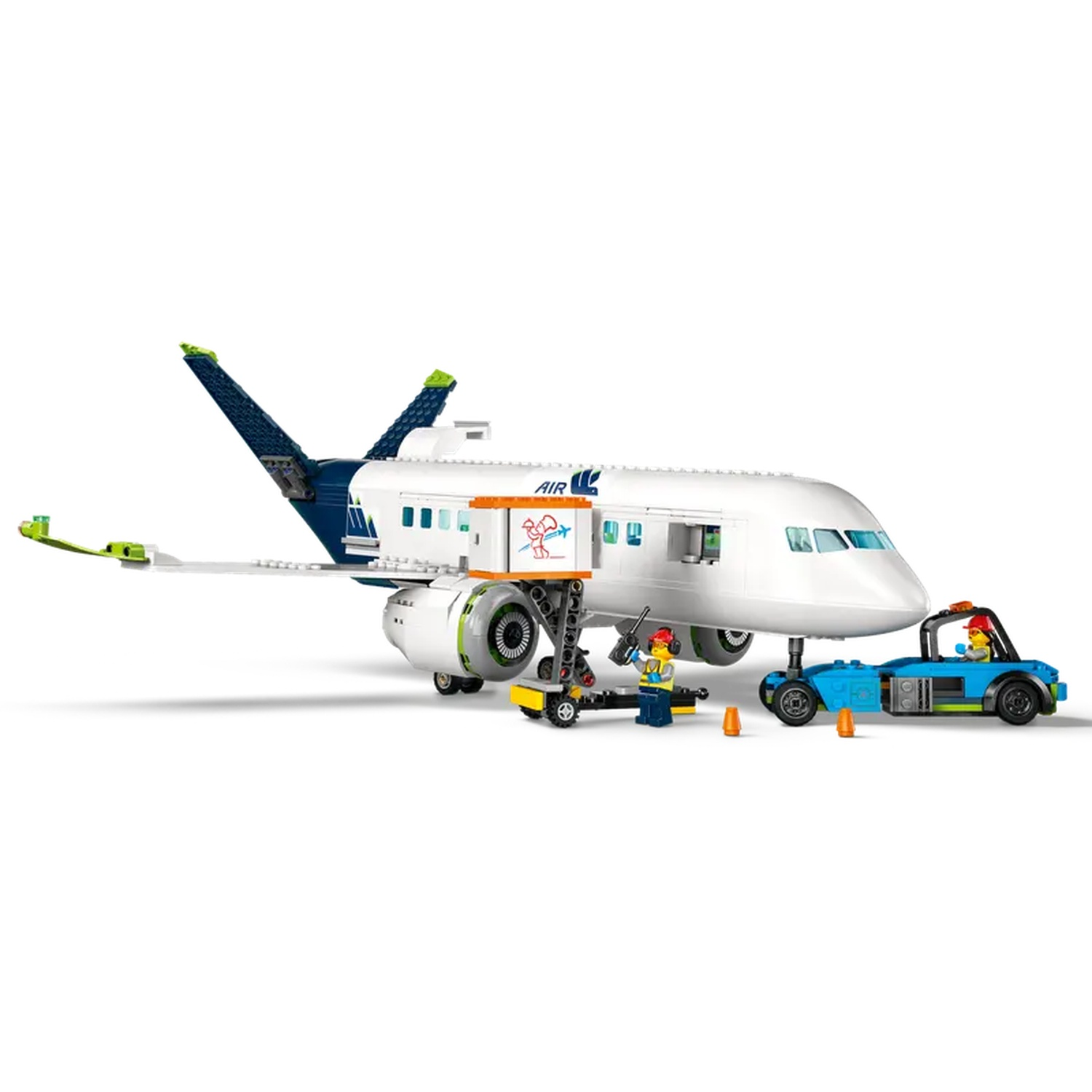A white airplane toy with blue accents. A blue car and two toy figures are in front of it. There is also a service vehicle.