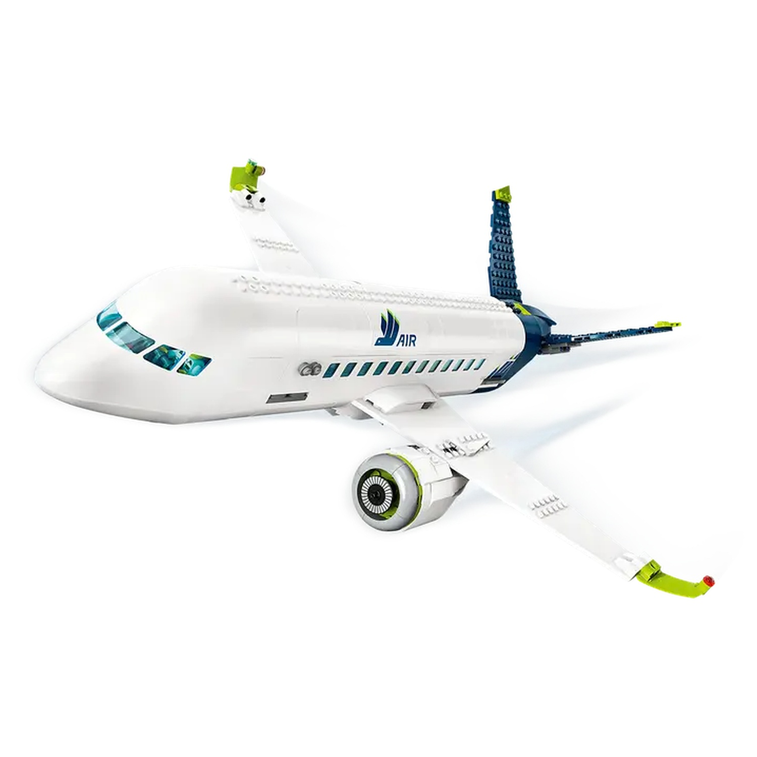A white toy airplane with green and blue accents. It has wings, engines, and a tail. The word "AIR" is visible on its side.