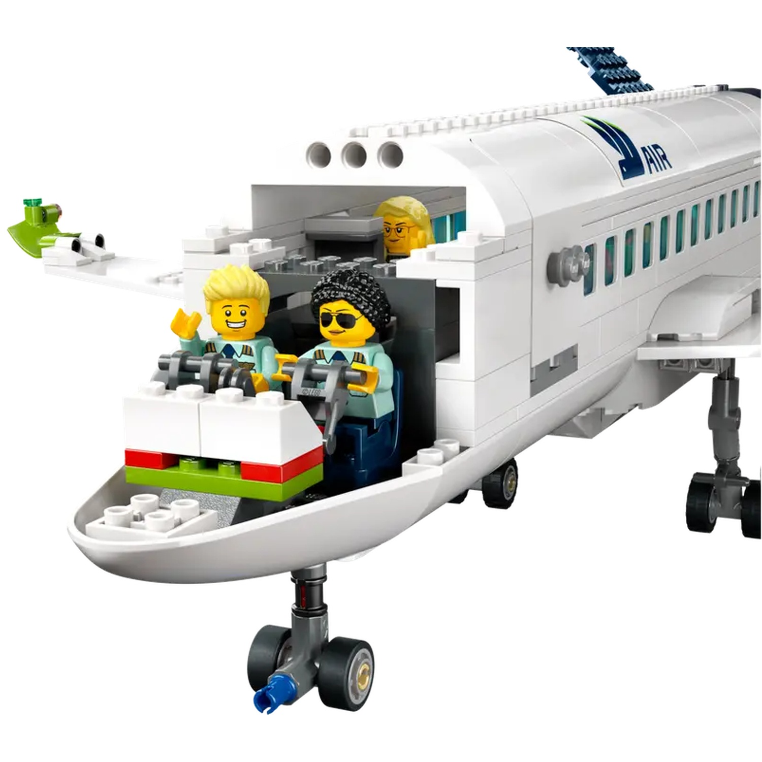 A white Lego airplane with three Lego figures inside. The plane has the word 'AIR' on the side.
