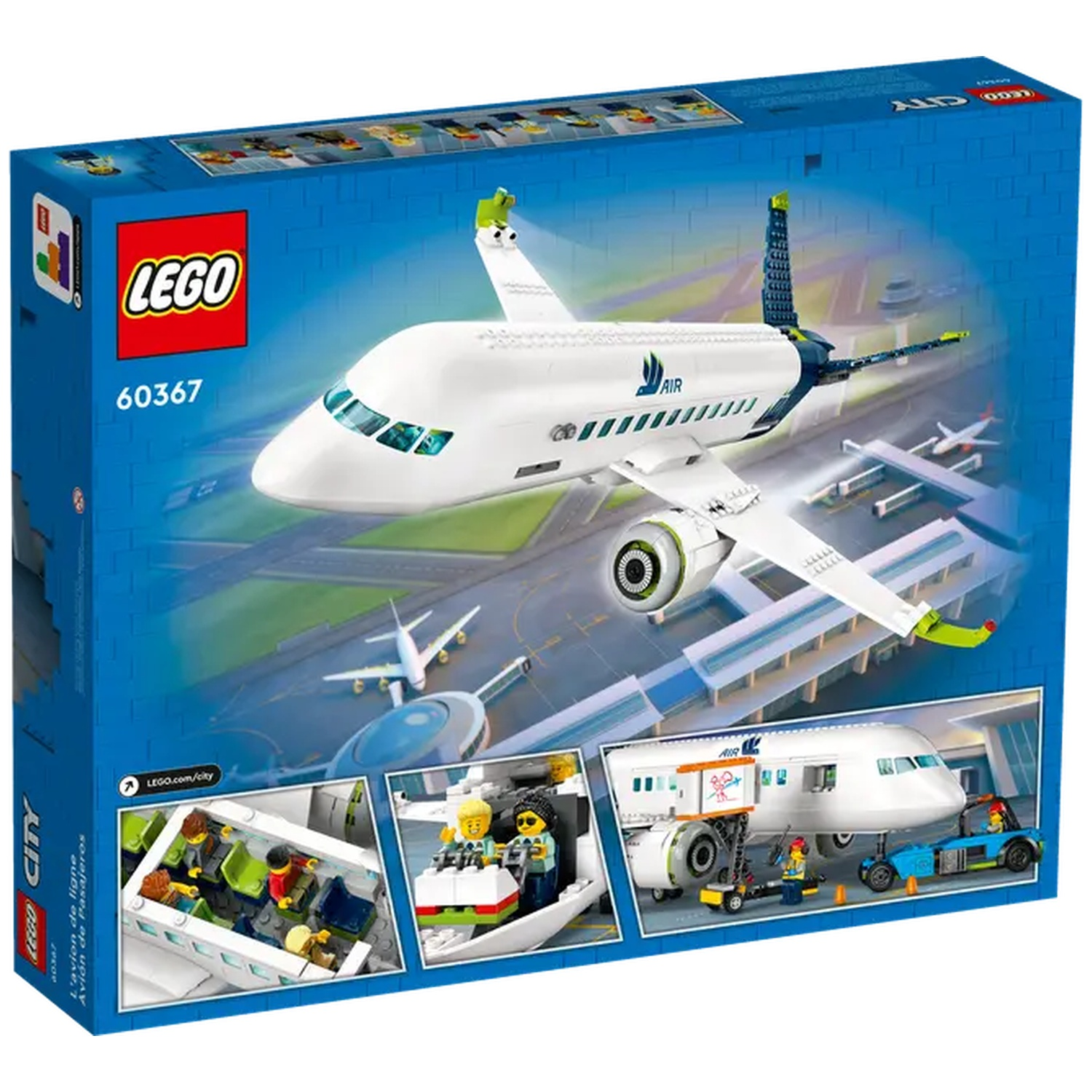 Lego City airplane set box. A white airplane is on the cover. Small images show plane interior, and ground crew with vehicles.