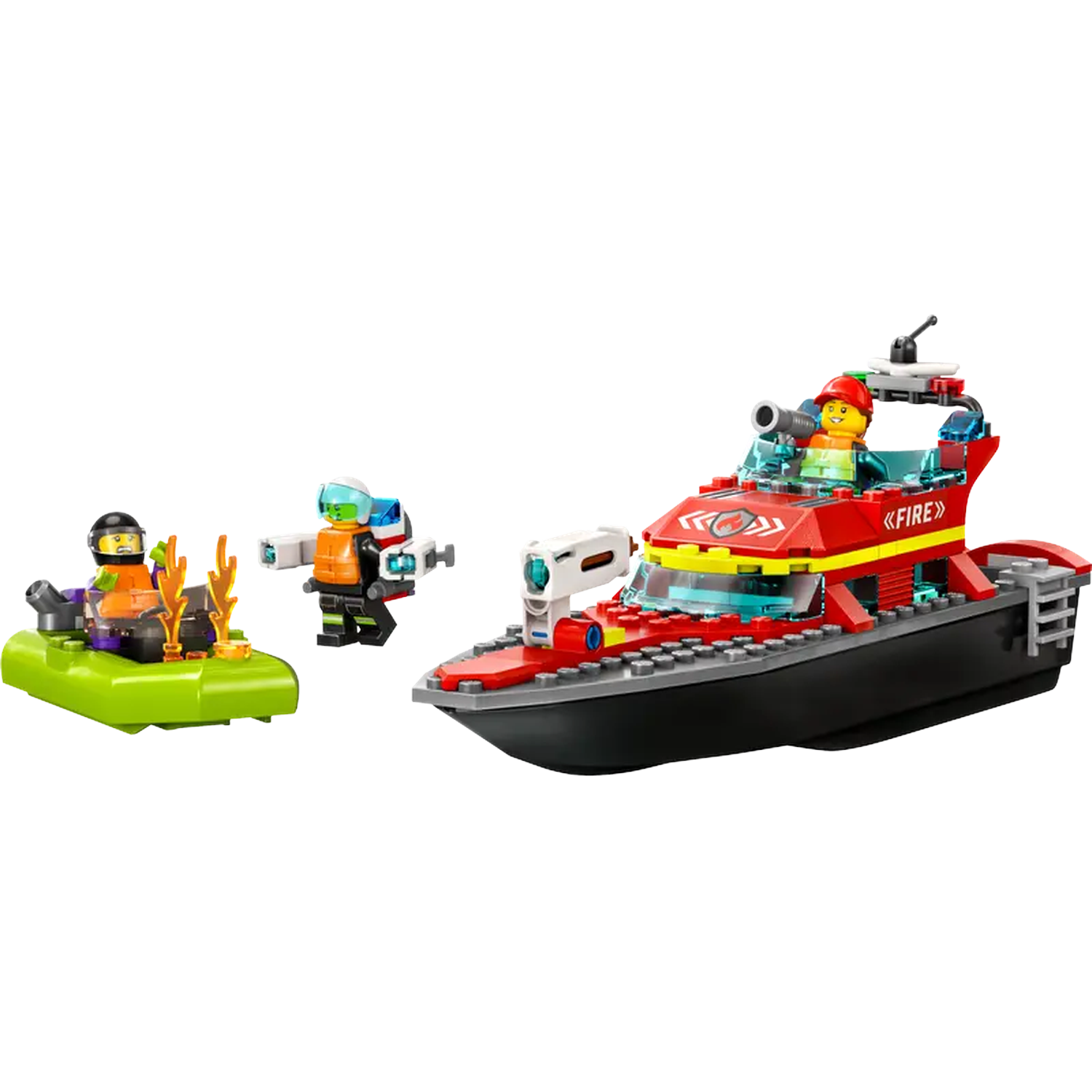 Bateau de pompiers Lego City, aéroglisseur et deux pompiers Lego. Un sur l'aéroglisseur avec feu, l'autre avec un canon à eau.