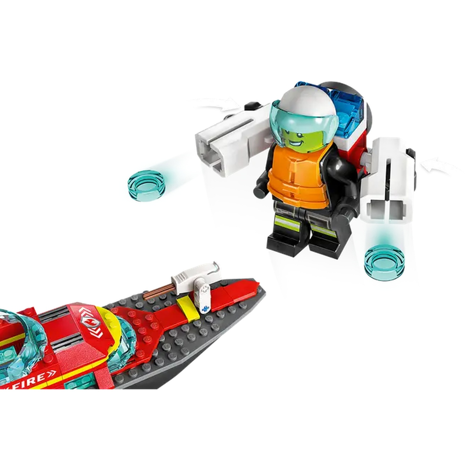 Un pompier Lego avec un jetpack se tient à côté d'un bateau rouge et noir. La scène se déroule sur fond blanc.