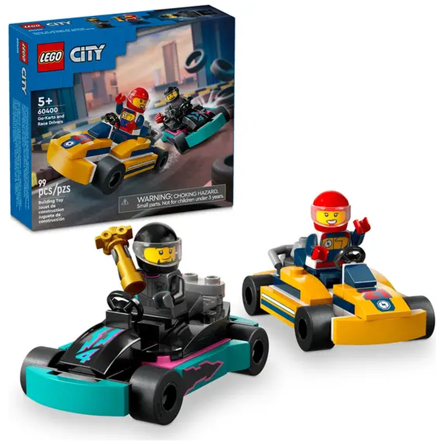 LEGO City set with go-karts and race drivers. Two go-karts, one yellow and one black, and two minifigures are visible.