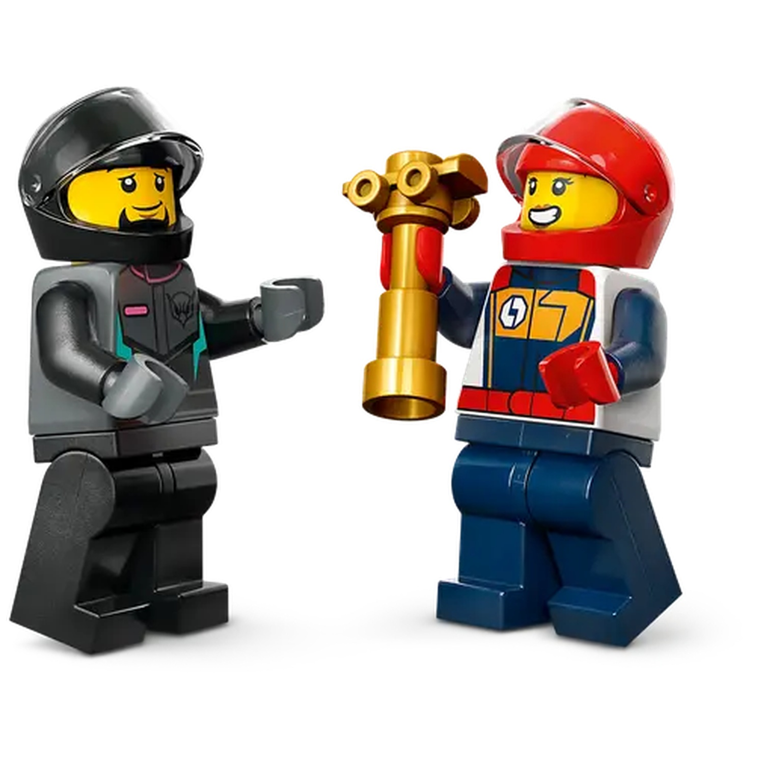 Two Lego figures. One wears black, one red helmet. One holds a gold object.