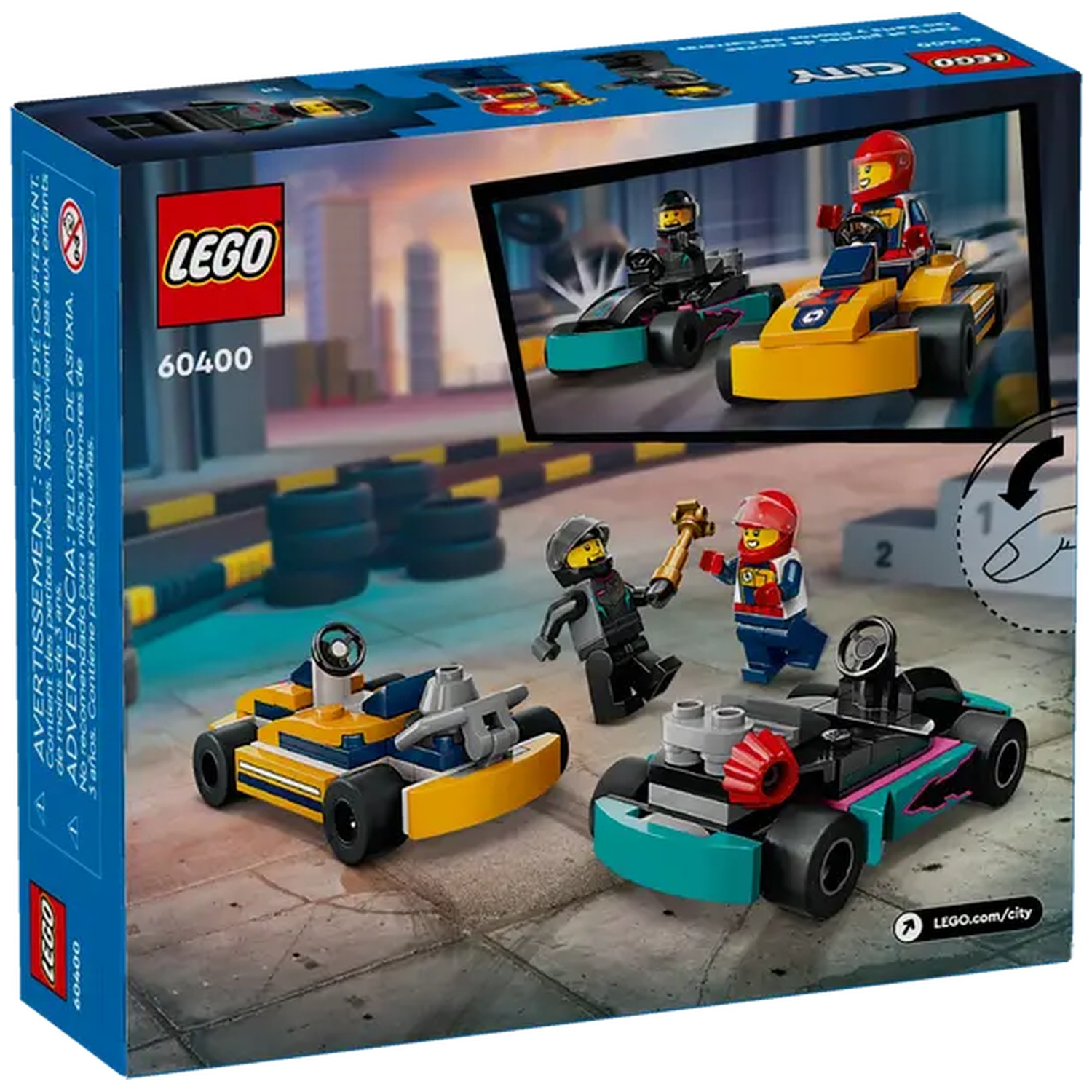 LEGO City set box. Features LEGO race cars with mini-figures. The box shows a race scene with yellow, black, and teal cars.