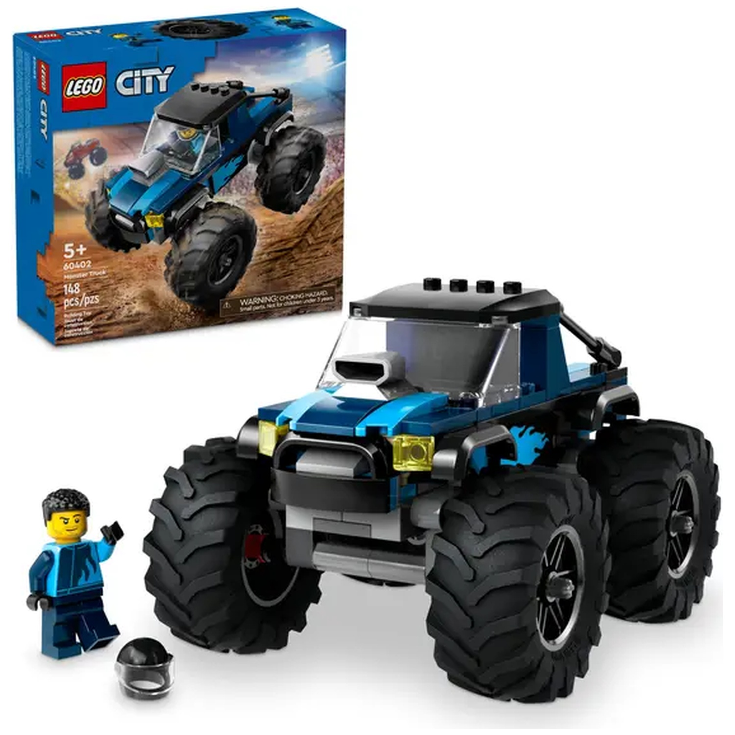 Een Lego City monstertruck set. Inclusief een blauwe truck, een minifiguur en een doos met de truck in actie.