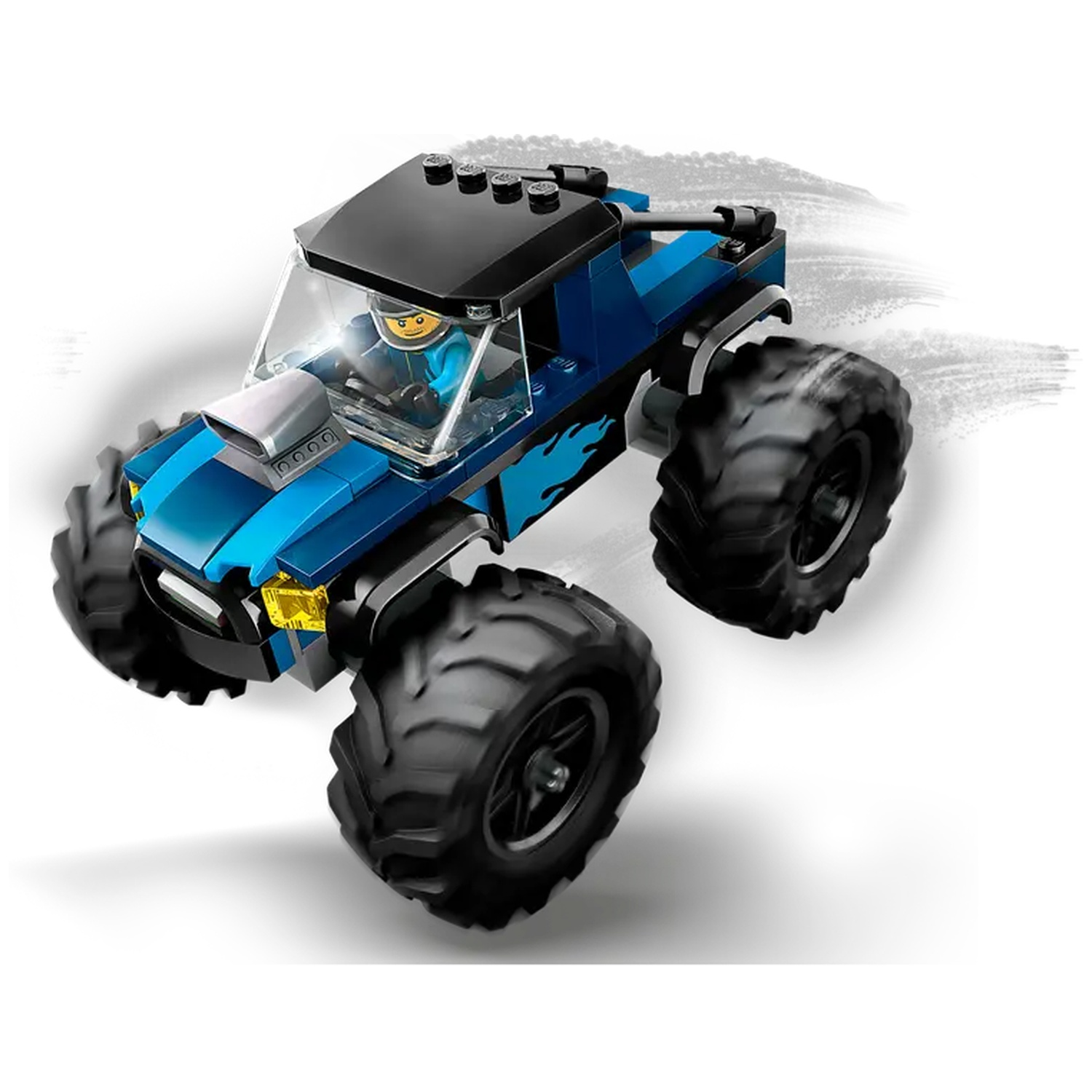 Een blauwe en zwarte Lego monstertruck met een bestuurder. De truck heeft grote zwarte wielen en een zwart dak. Witte achtergrond.