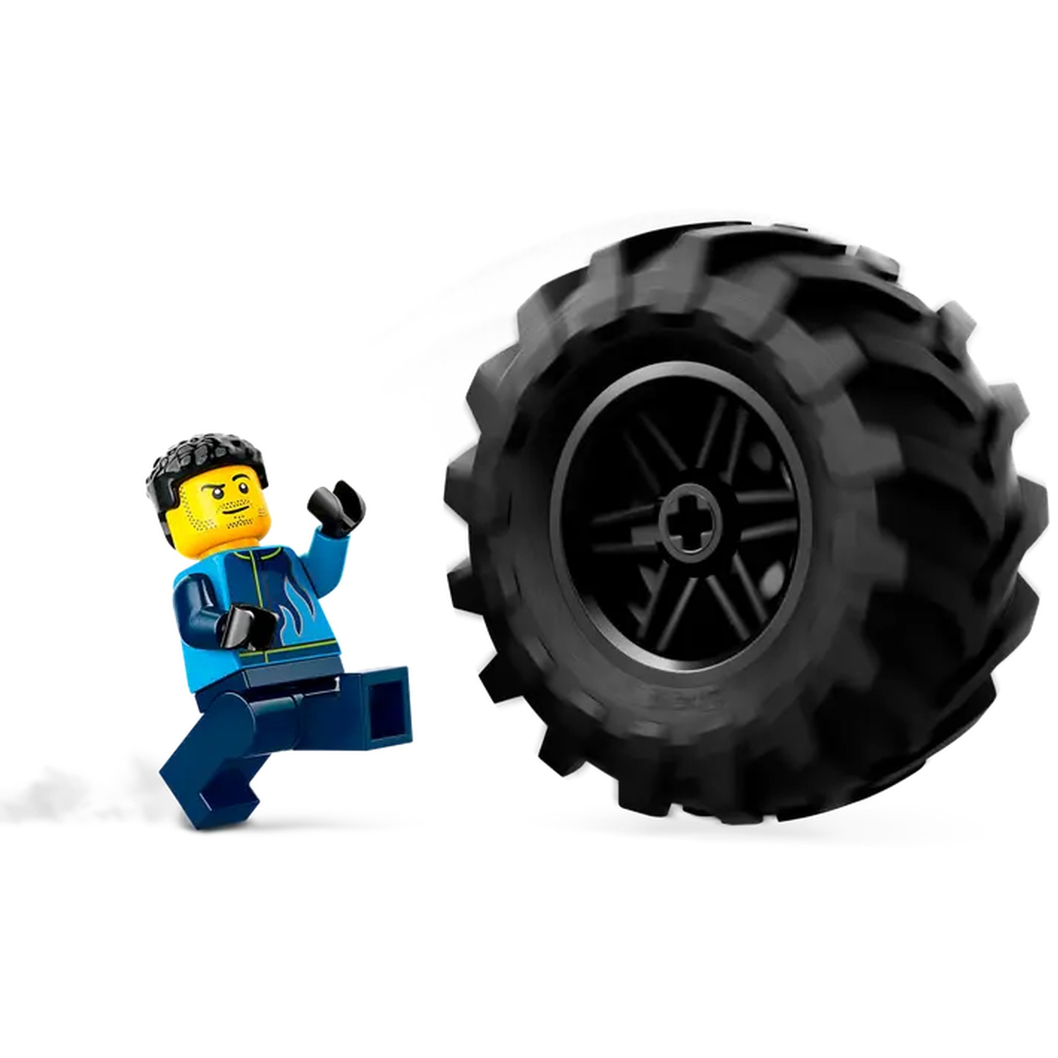 Een Lego-figuur wordt getrapt door een gigantische band. De figuur draagt een blauwe jas en broek, en de band is zwart.