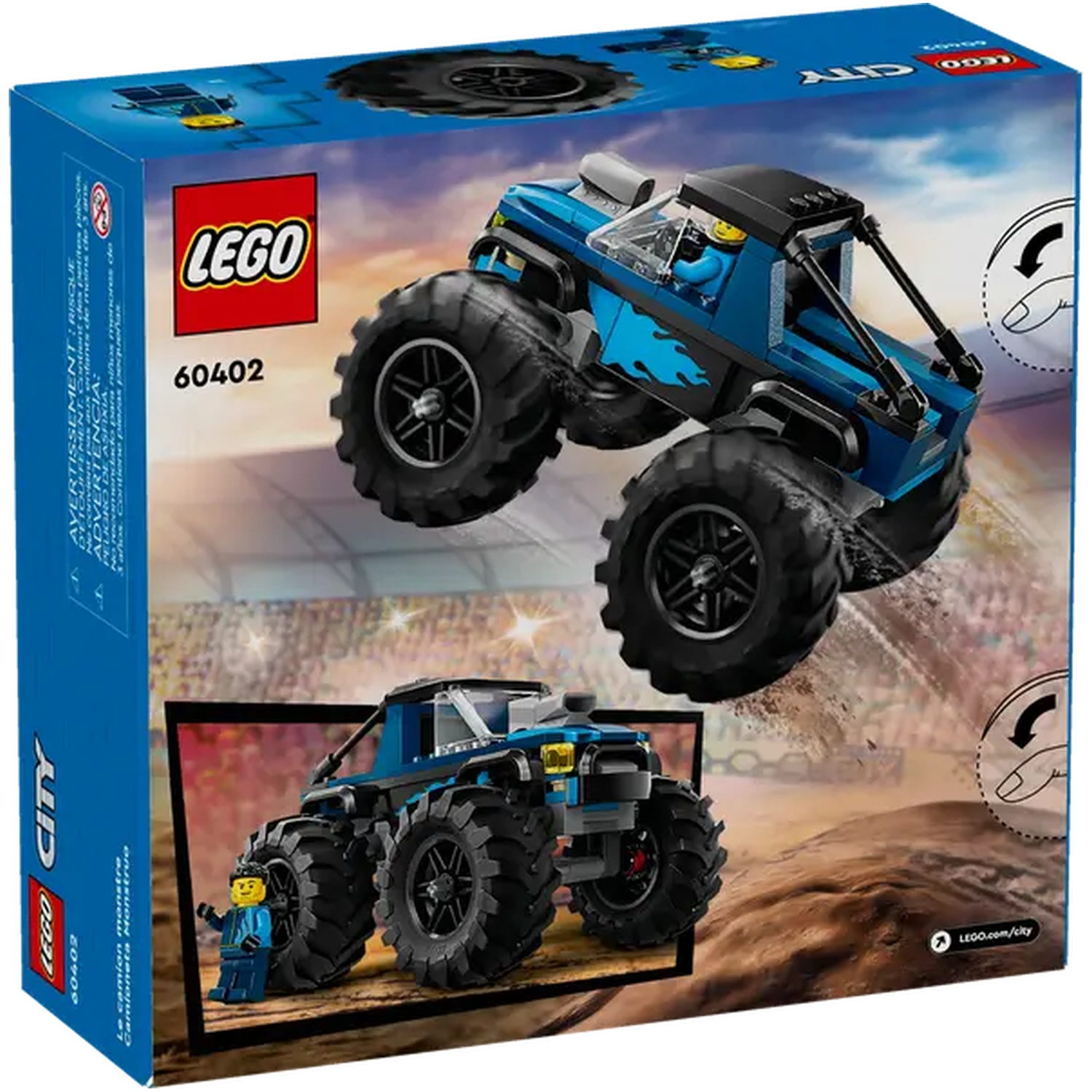 De LEGO City-doos toont een blauwe monstertruck die springt, met een minifiguur in de cabine. Een kleinere afbeelding toont de truck op een zandbaan.