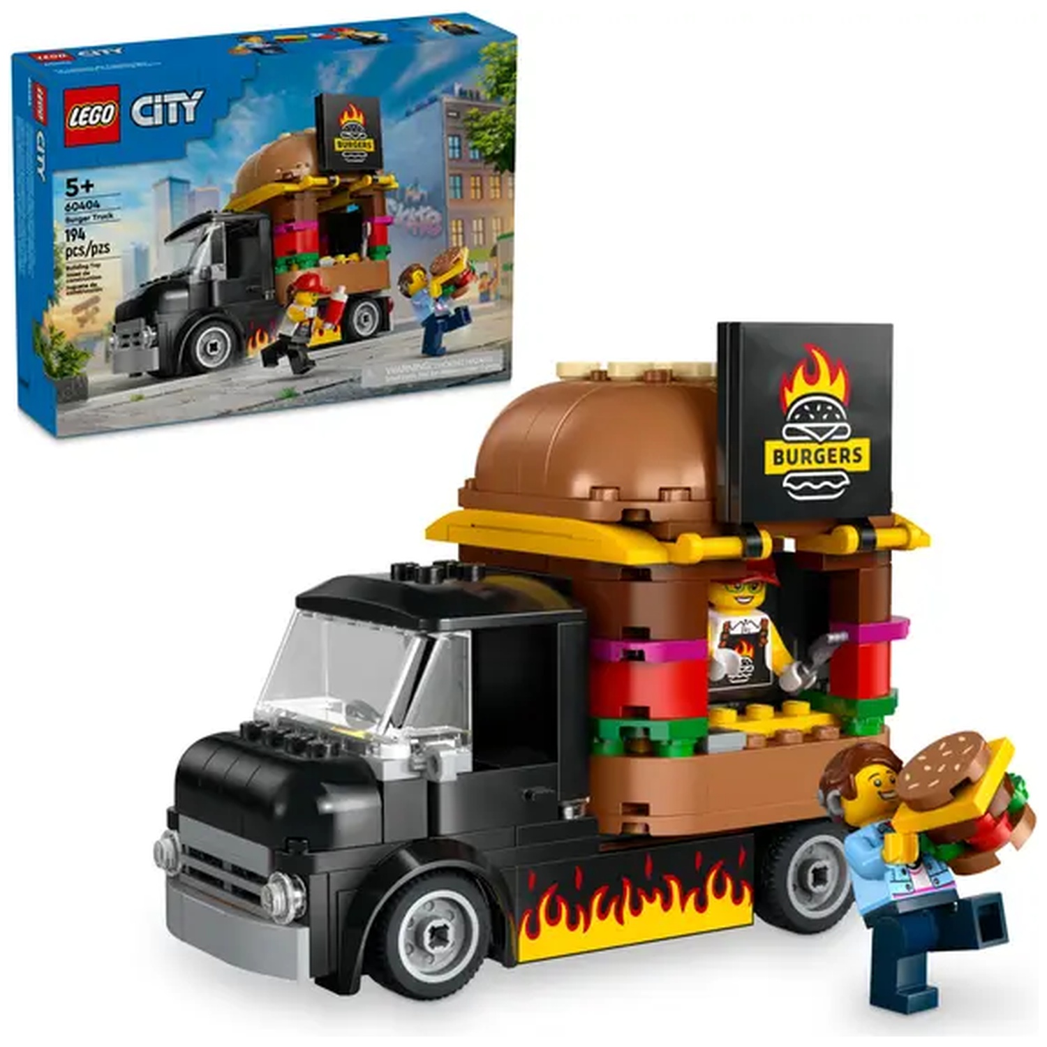Lego City Burger Truck playset. Black truck with burger stand, fire decals, and minifigures, including a chef and customer.