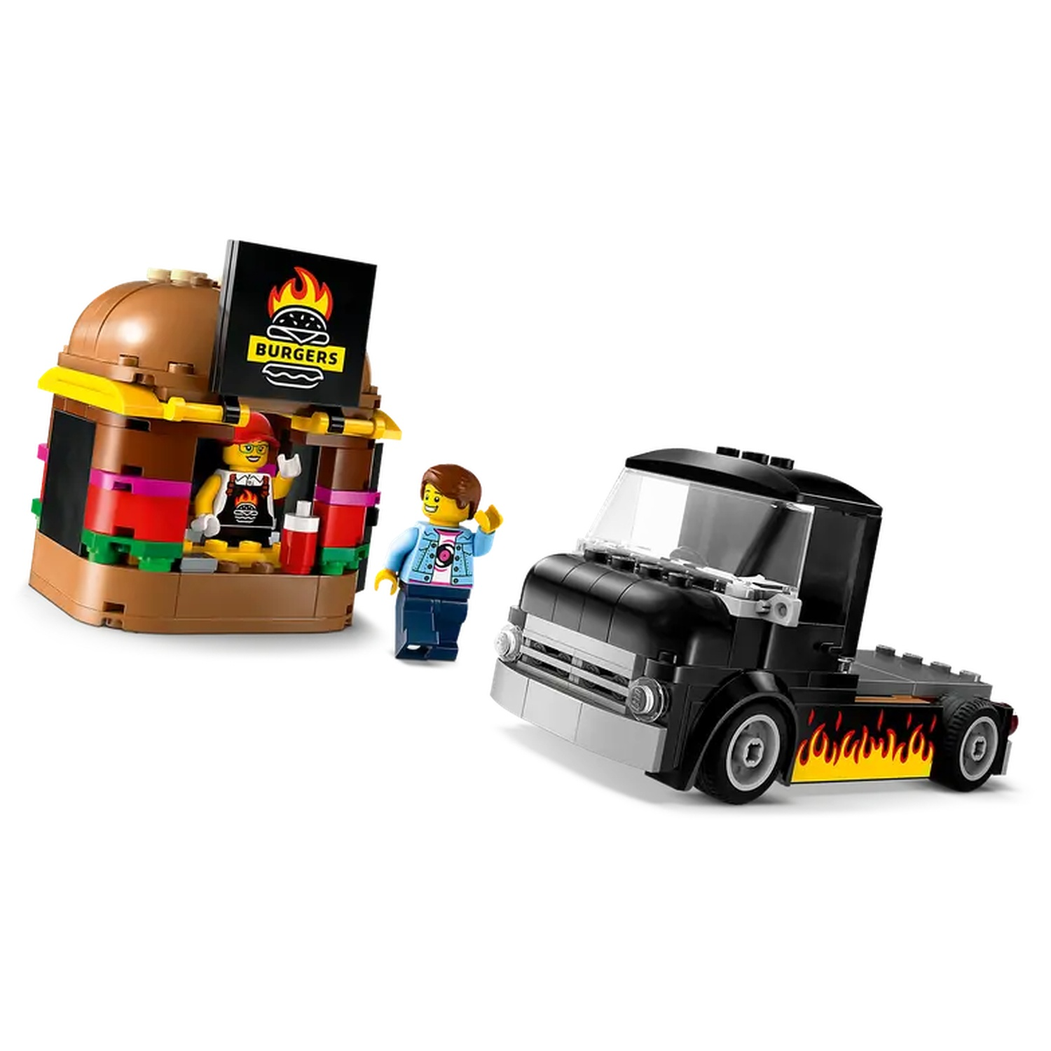 A Lego burger shop with two minifigures, a black truck with flames, and a burger sign.