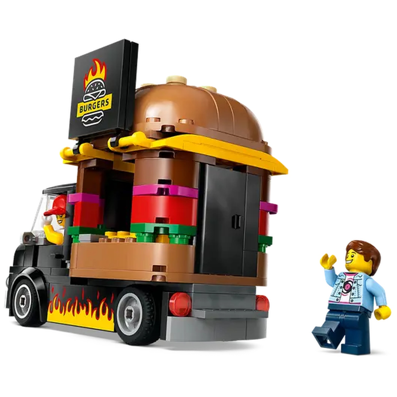 A Lego burger truck with a sign that says 'Burgers'. A Lego figure waves. The truck has flames on the side.