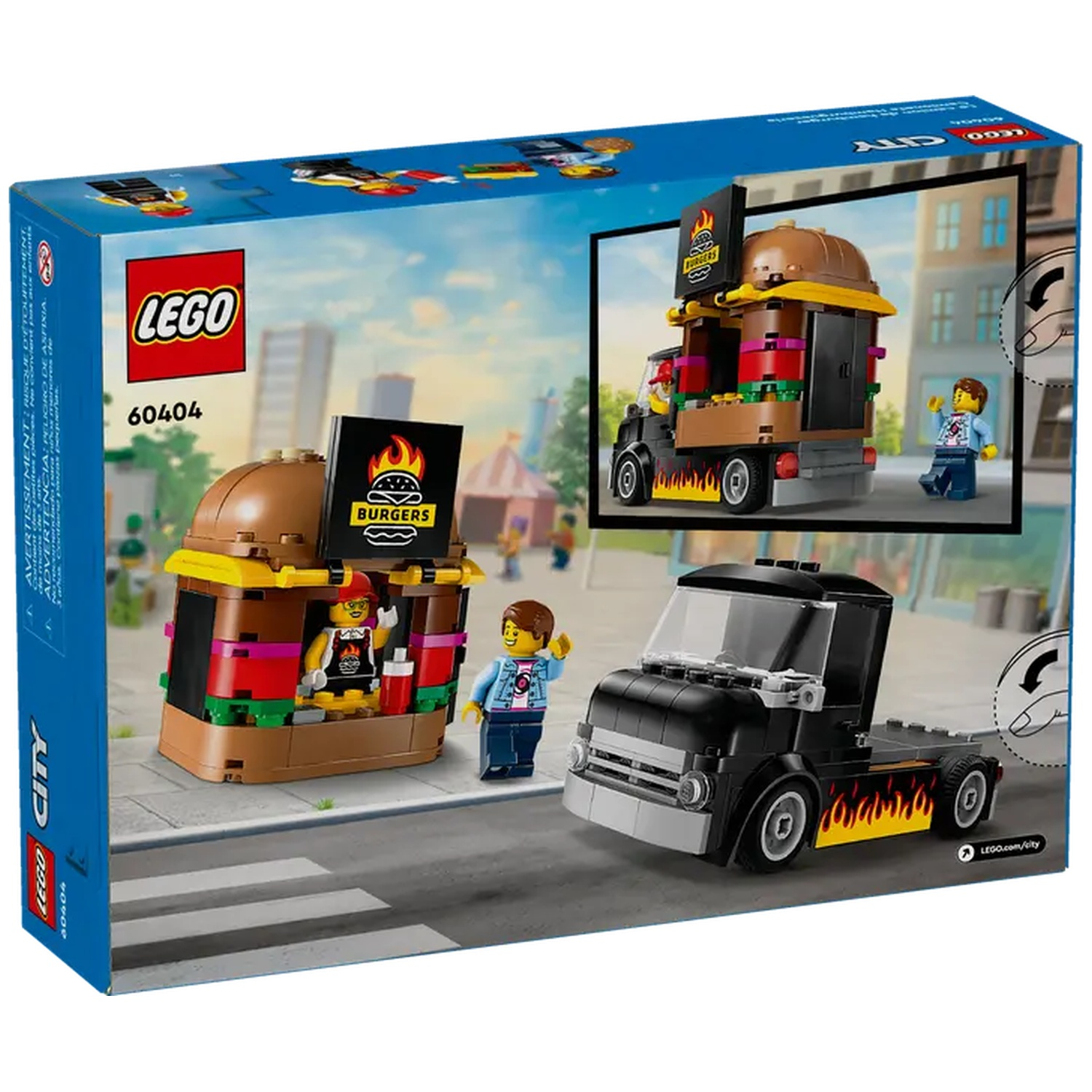 Lego City burger shop set. Box shows a burger stand and truck with Lego figures and city background. The box has the Lego logo.