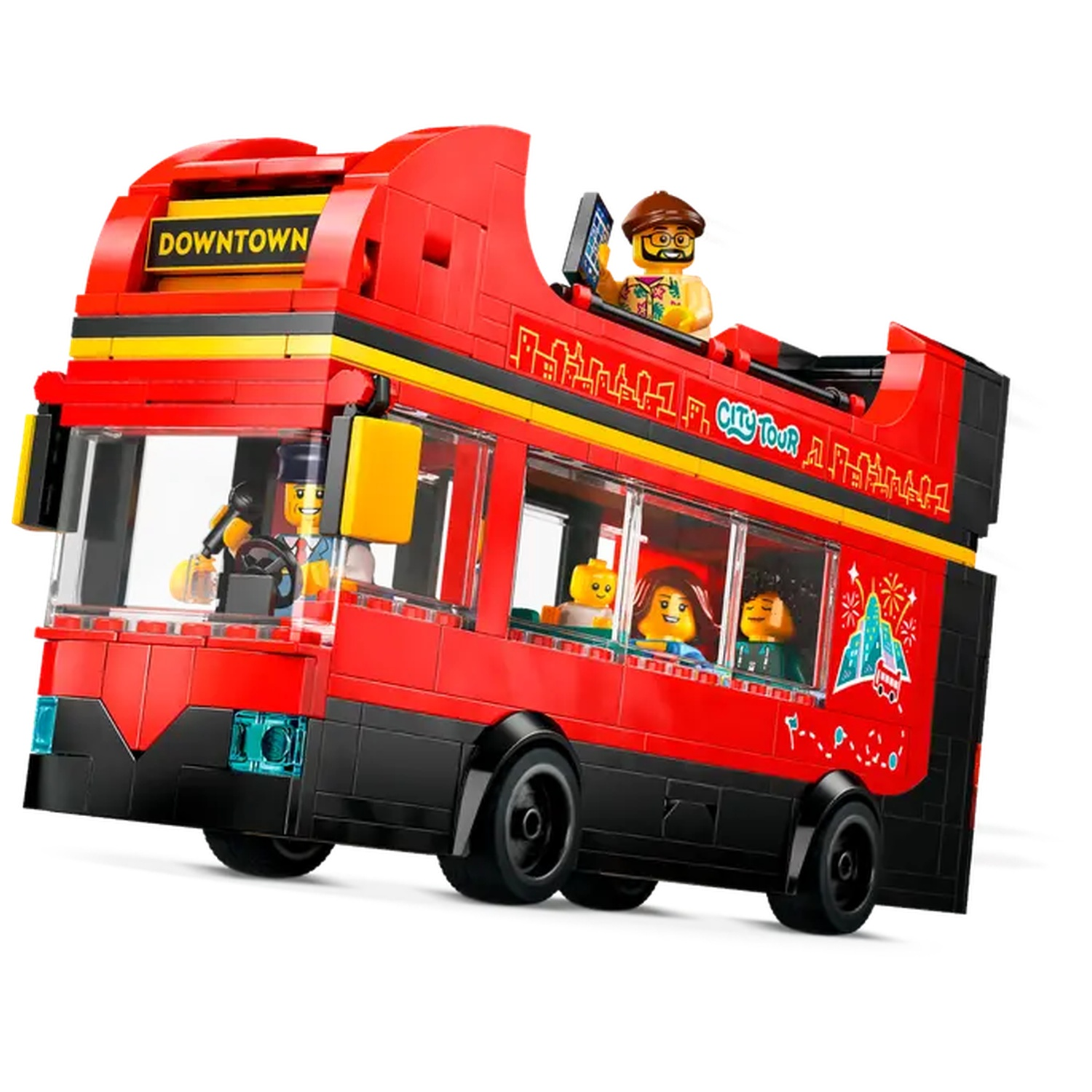 A Lego red double-decker bus with passengers and driver. It has a 'Downtown' sign, and a man reading on top.