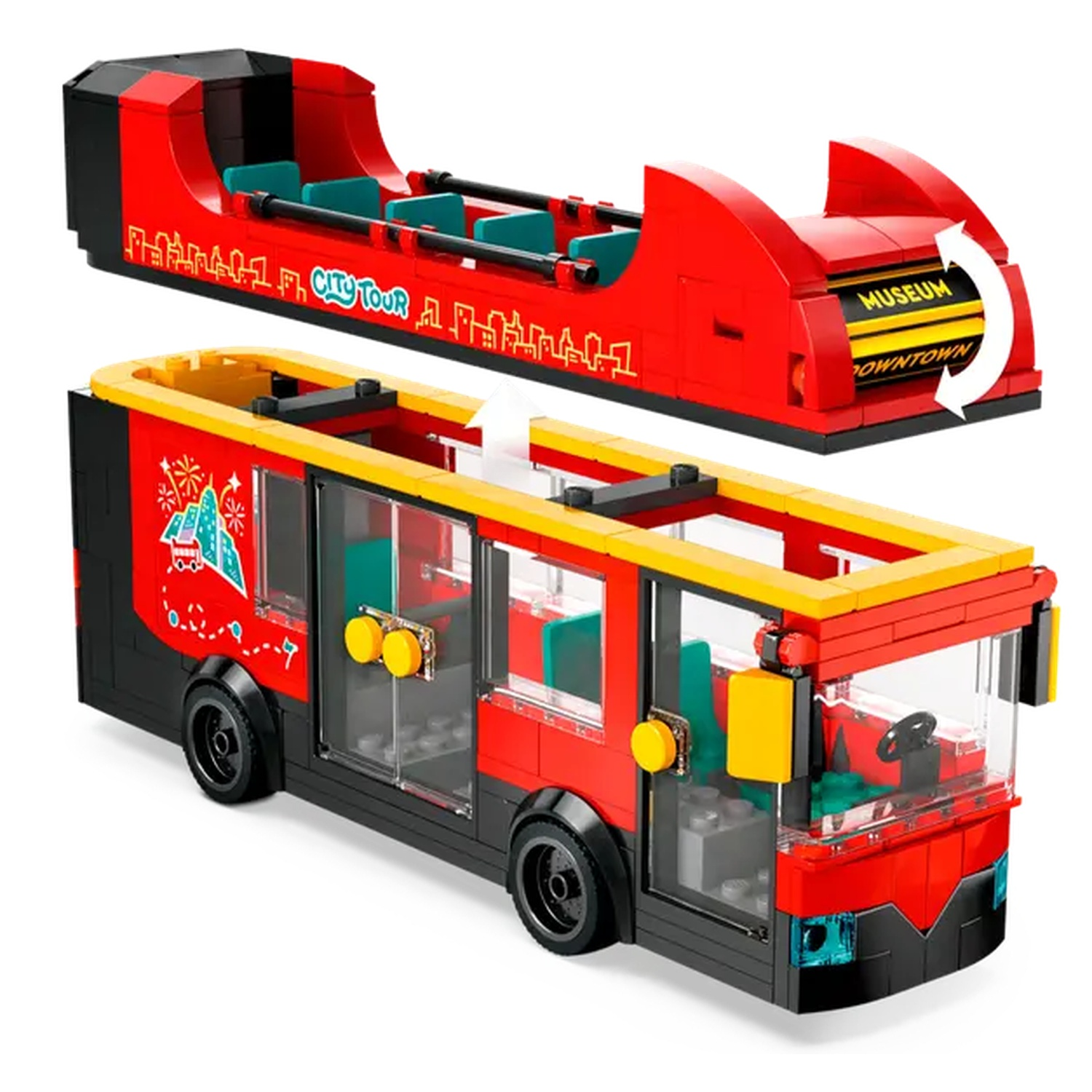 A red Lego bus with a detachable top. The bus has black wheels, yellow accents, and clear windows. The top says City Tour.