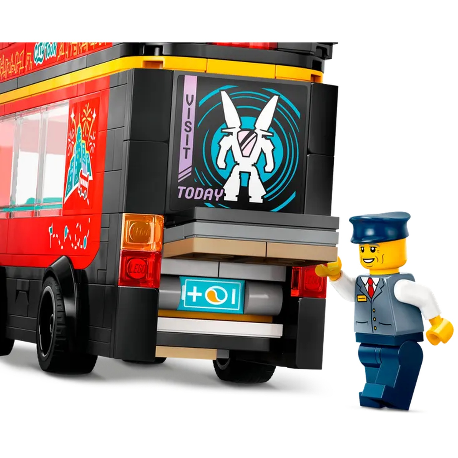 A Lego city tour bus with a driver figurine. The bus is red and black, with advertisements. The driver is wearing a uniform.