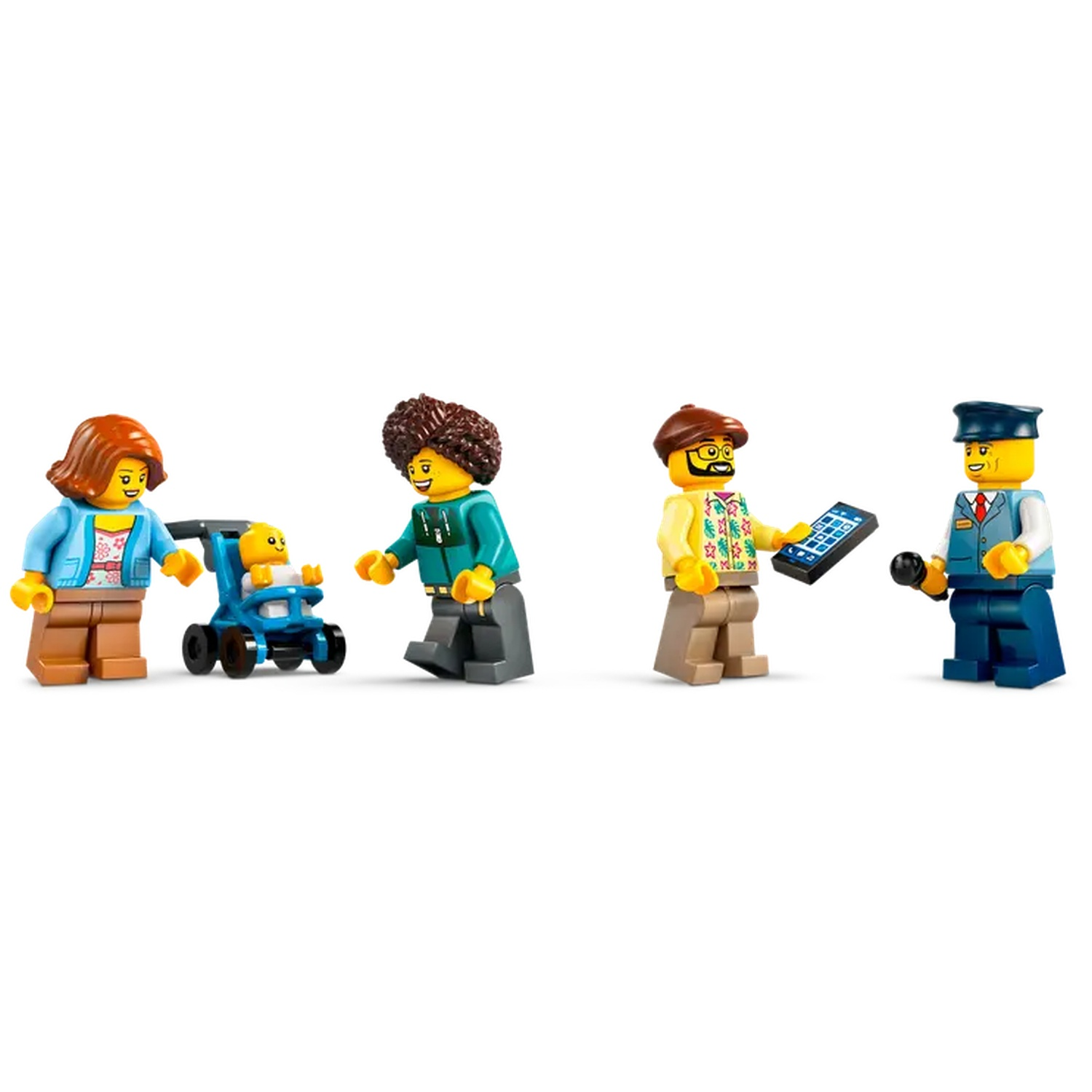 Lego figures: a family with a baby in a stroller, a person, and a person holding a phone, next to a person in a uniform.