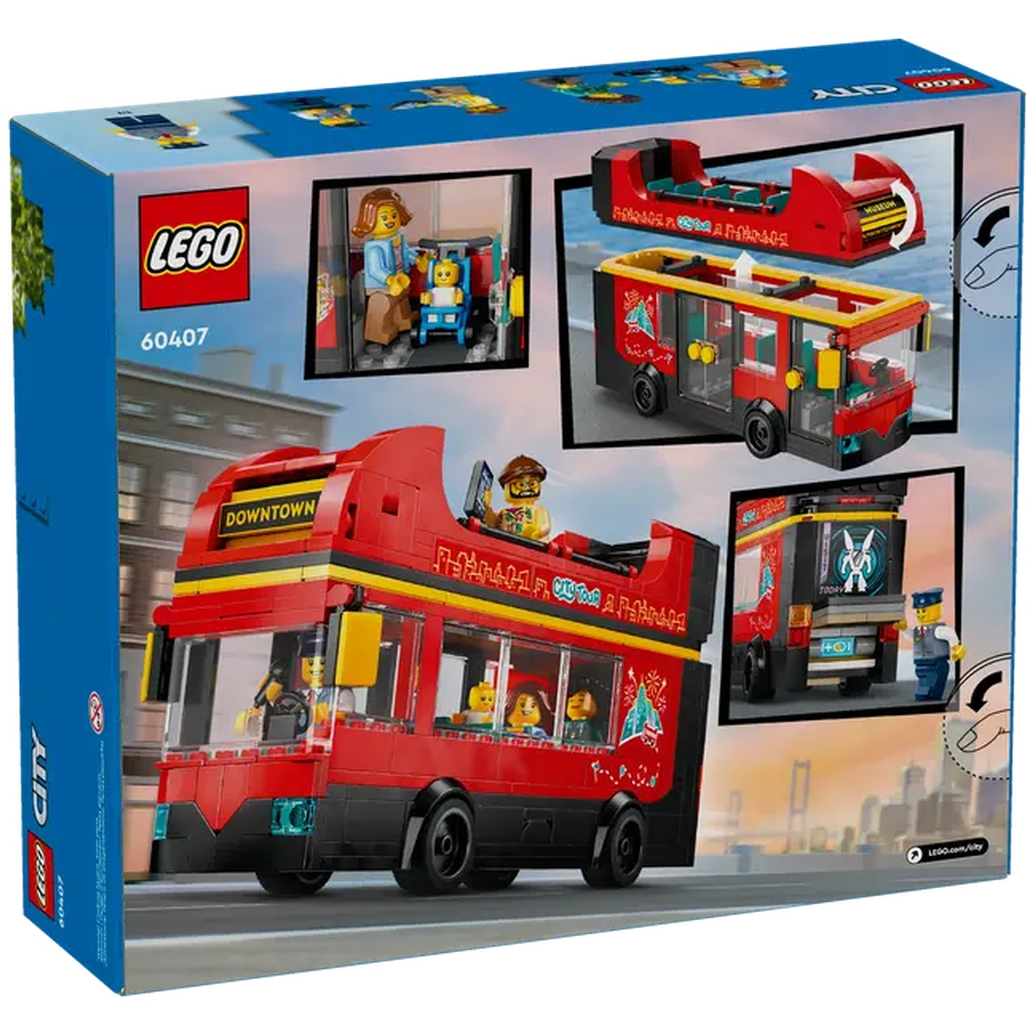 Lego City bus box. Red double-decker bus with figures inside and on top. Includes smaller inset images of bus parts.