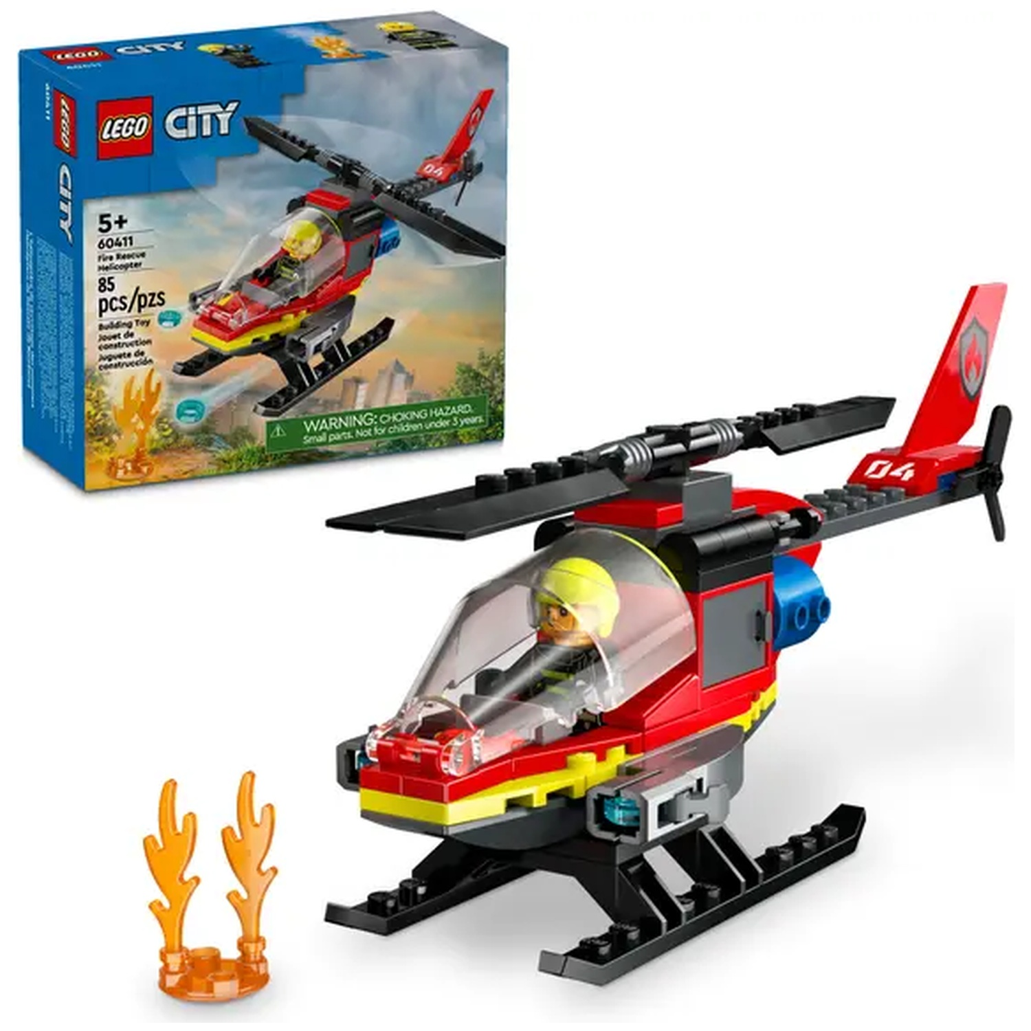 A Lego City fire rescue helicopter set. The helicopter is red, black, and yellow. A box and flames are also shown.