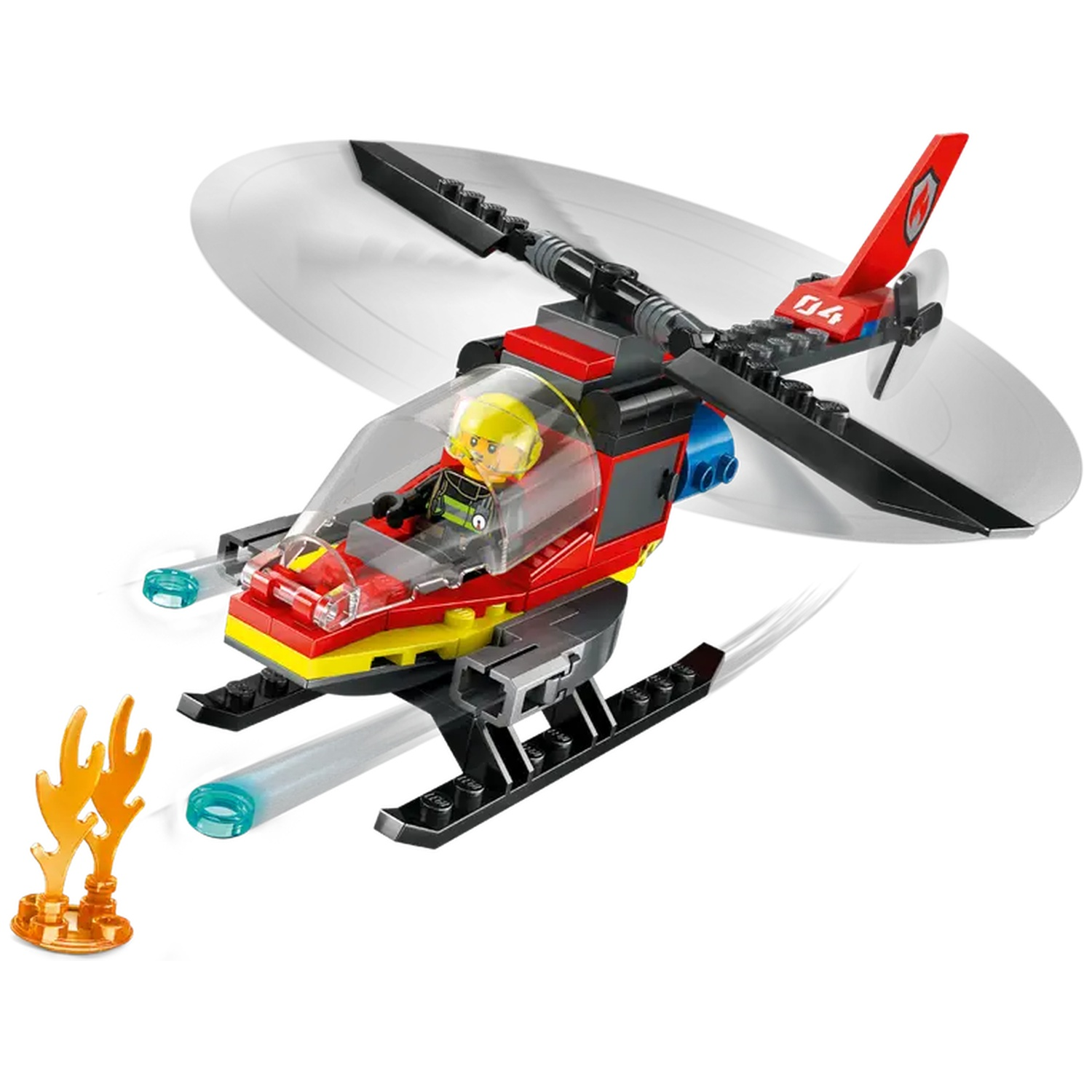 A Lego helicopter with a pilot, red and yellow details, black blades, and a small fire element, on a white background.