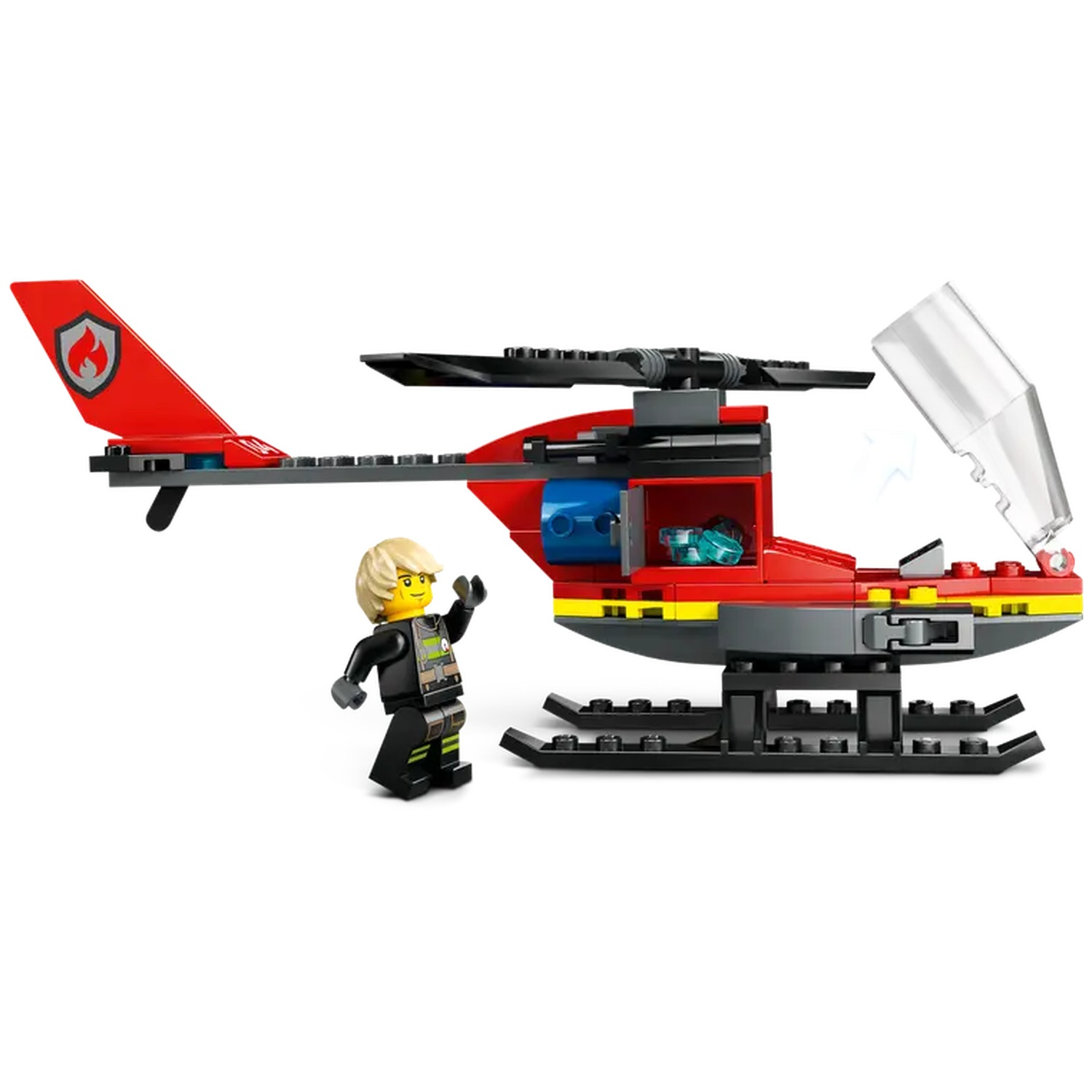 A Lego fire helicopter with a minifigure. The helicopter is red, black, and gray. The minifigure waves.