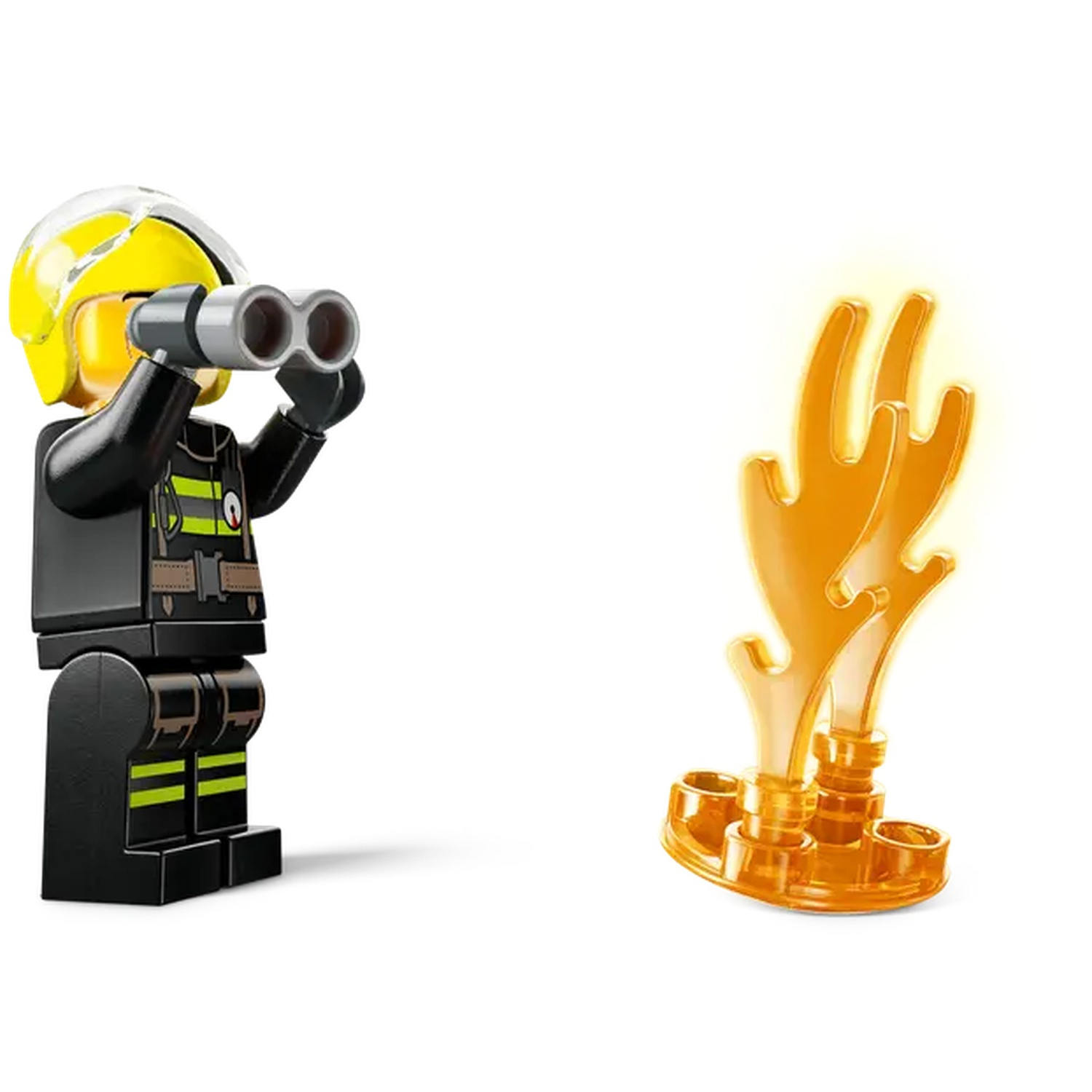 A Lego firefighter looks through binoculars at an orange, flame-like object on a white background. The figure wears yellow helmet.