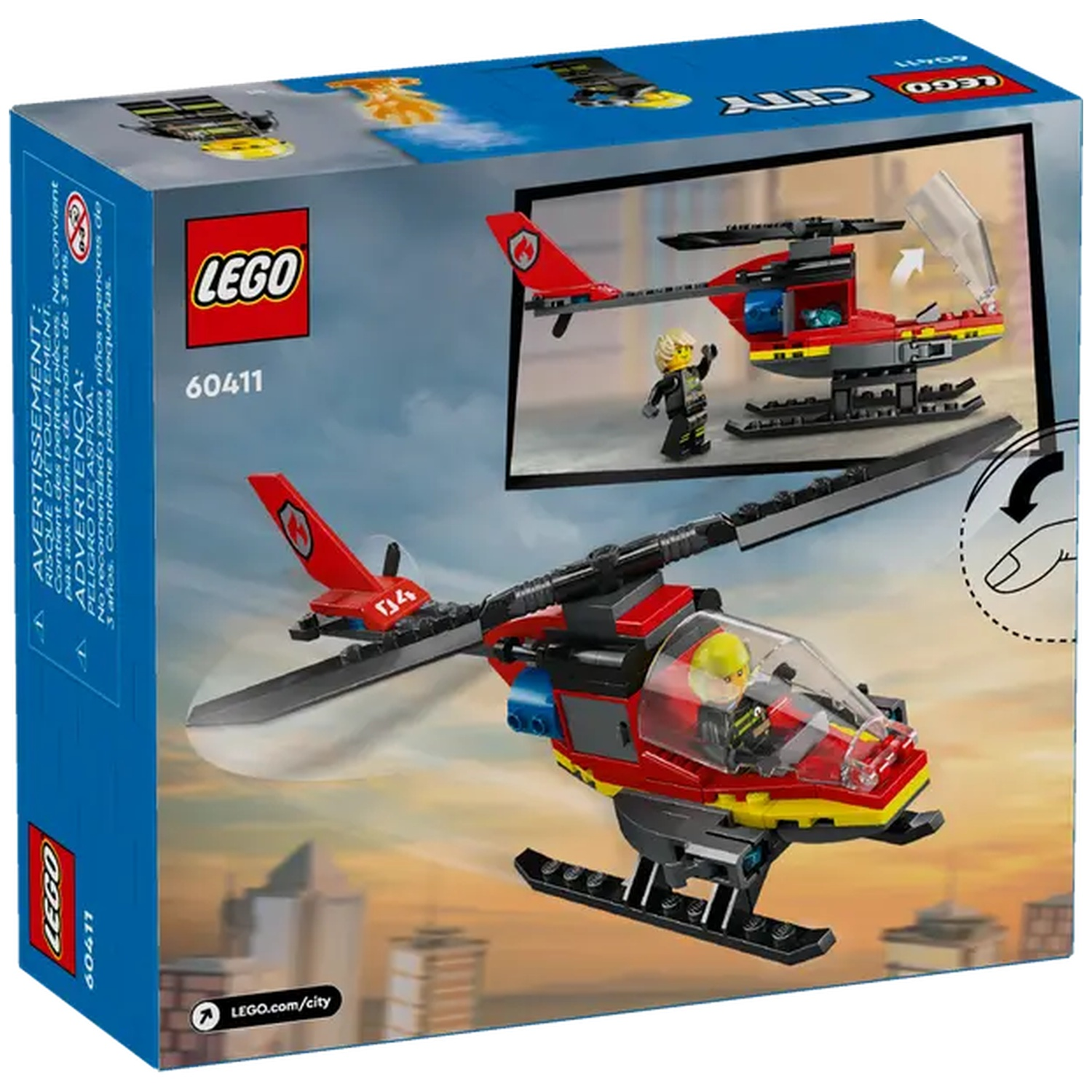 A Lego box shows a red and yellow helicopter toy. A minifigure sits inside. The box has the Lego logo and the number 60411.