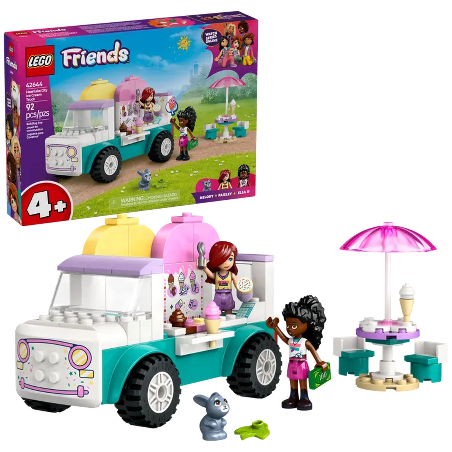Lego Friends Ice Cream Truck set. Includes figures, truck, table, and accessories. Features colorful design and various play elements.