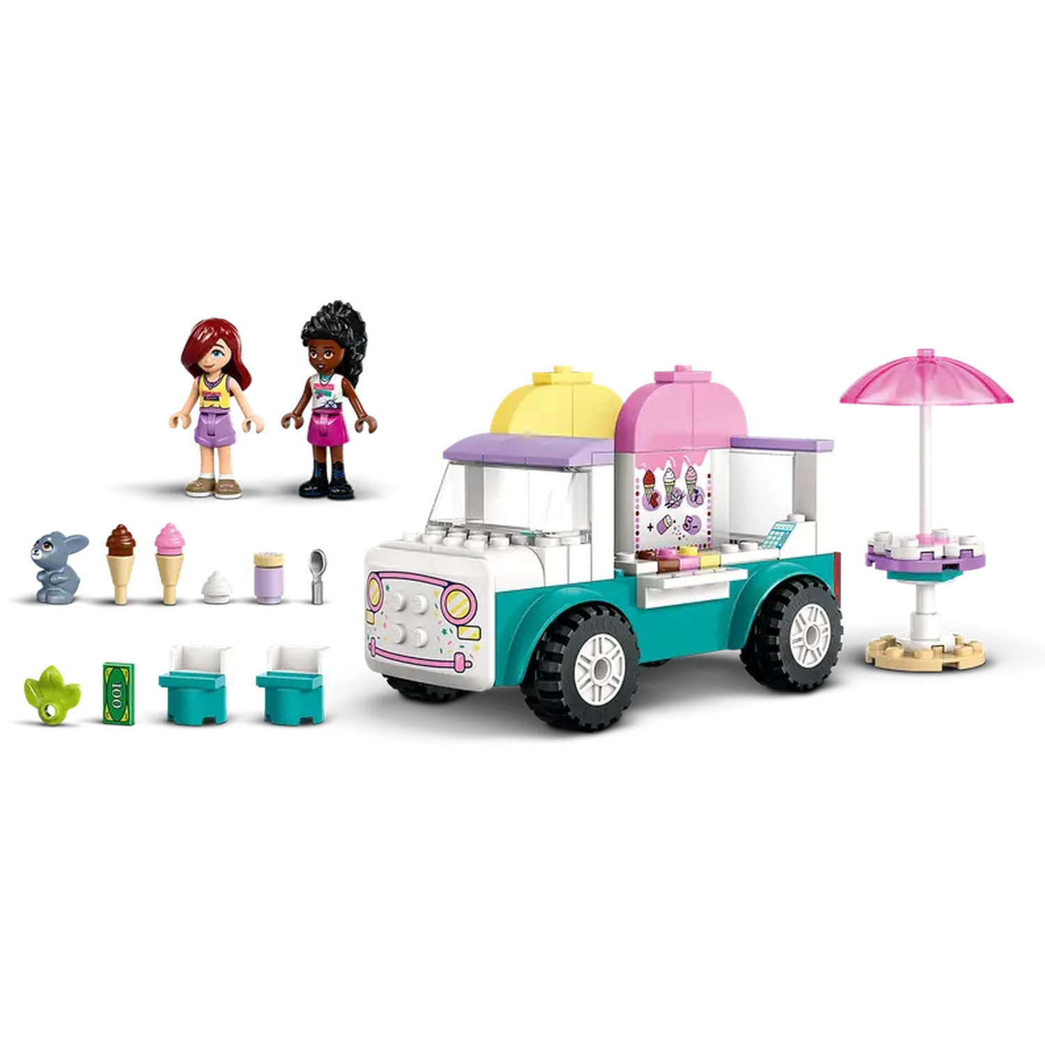 Lego ice cream truck with two minifigures, accessories and a parasol. The truck is white, teal, yellow and pink.