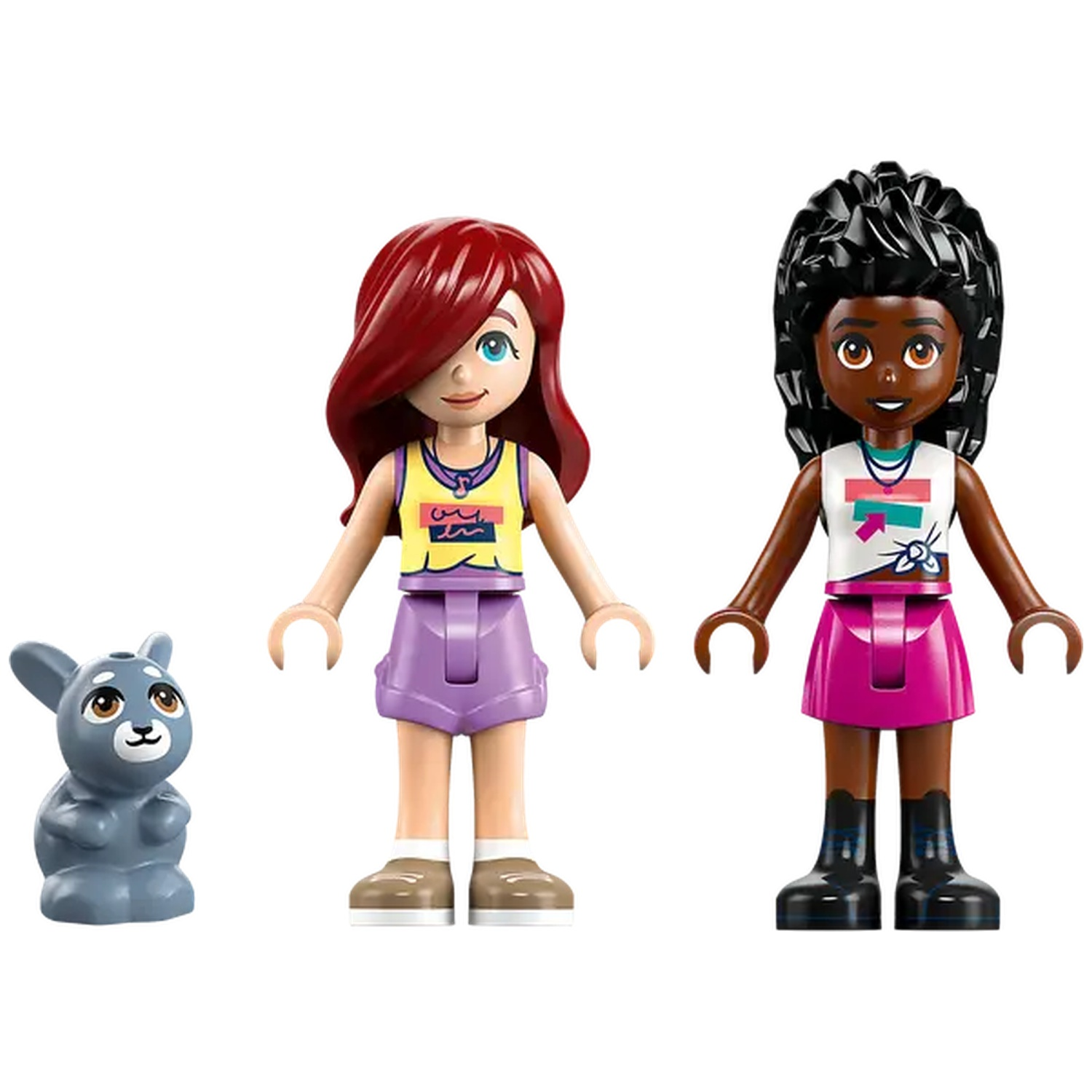 Lego Friends set. Two minifigures and a gray bunny. One girl has red hair, the other has black curly hair. Both wear colorful tops and skirts.